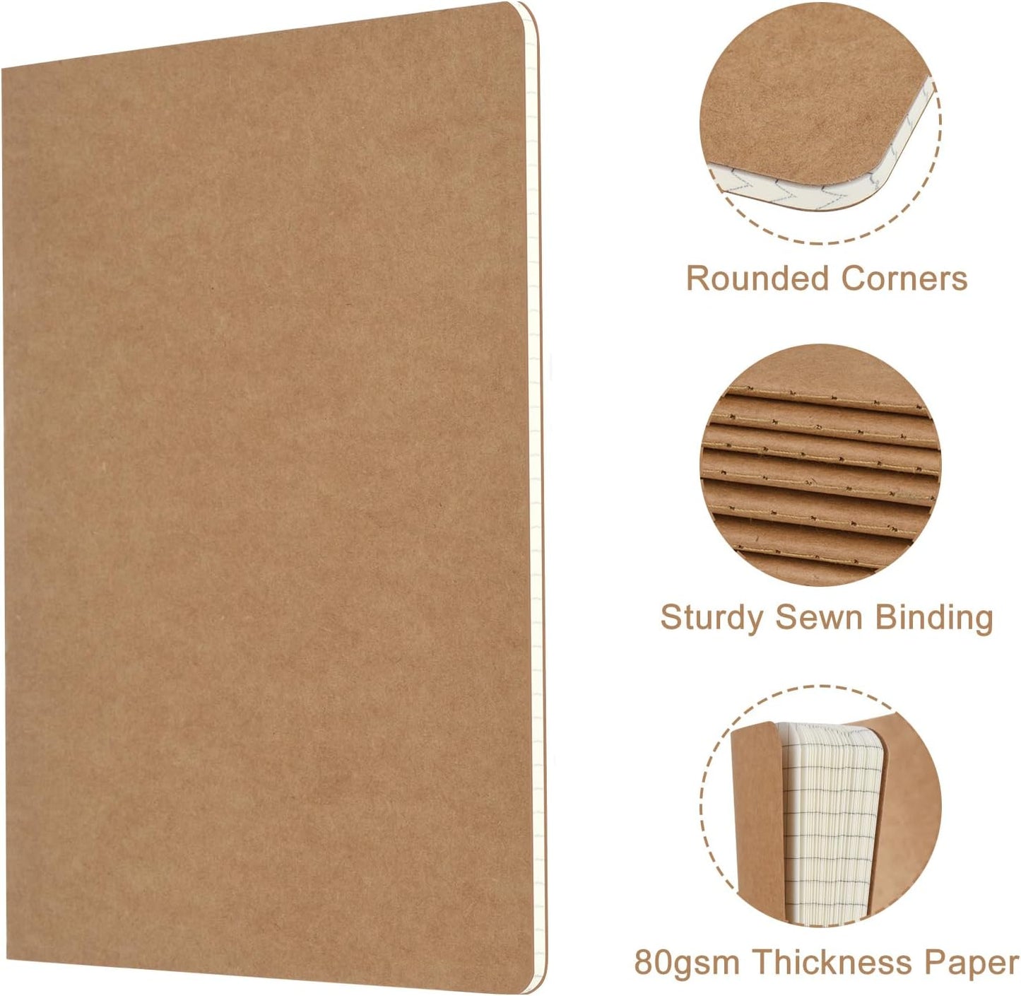 ZCZN 50 Pack A5 Kraft Notebooks Bulk, 8.15x5.5 Inches Graph Paper Journaling Notebooks, Notebooks for Work, Composition Notebooks for School, Journal Notebooks for Office, 60 Pages