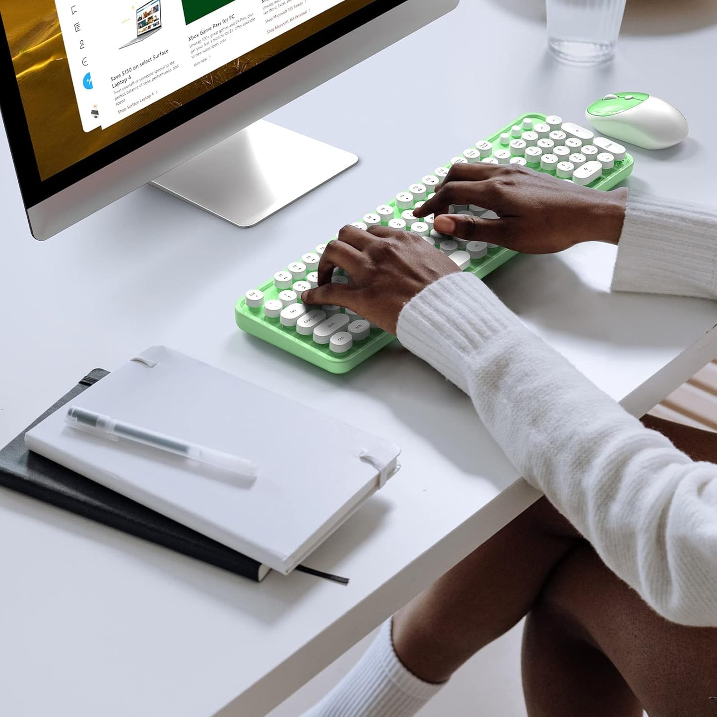 MOFII Wireless Keyboard and Mouse Combo, Computer Full Size 2.4G Plug and Play Wireless Typewriter Retro Round Keyboard and Mouse Set for Windows, Computer, Desktop, PC, Notebook - (Light Green)