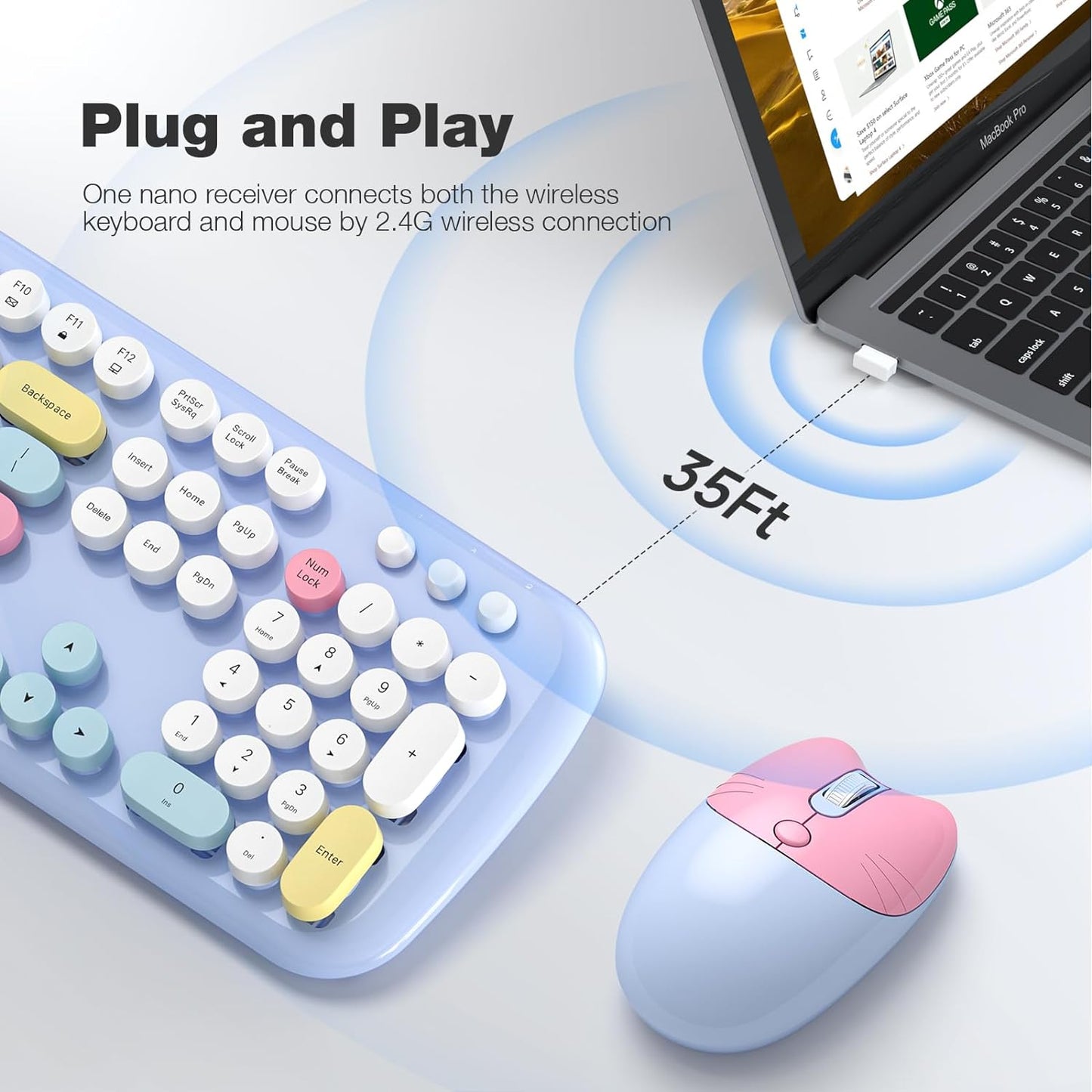 Wireless Keyboard and Mouse Combo for Windows, MOWUX 2.4G Full-Sized External Cordless Computer Keyboard, Compact Mouse, 8 Multimedia and Shortcut Keys, for PC, Laptop - Light Blue Colorful