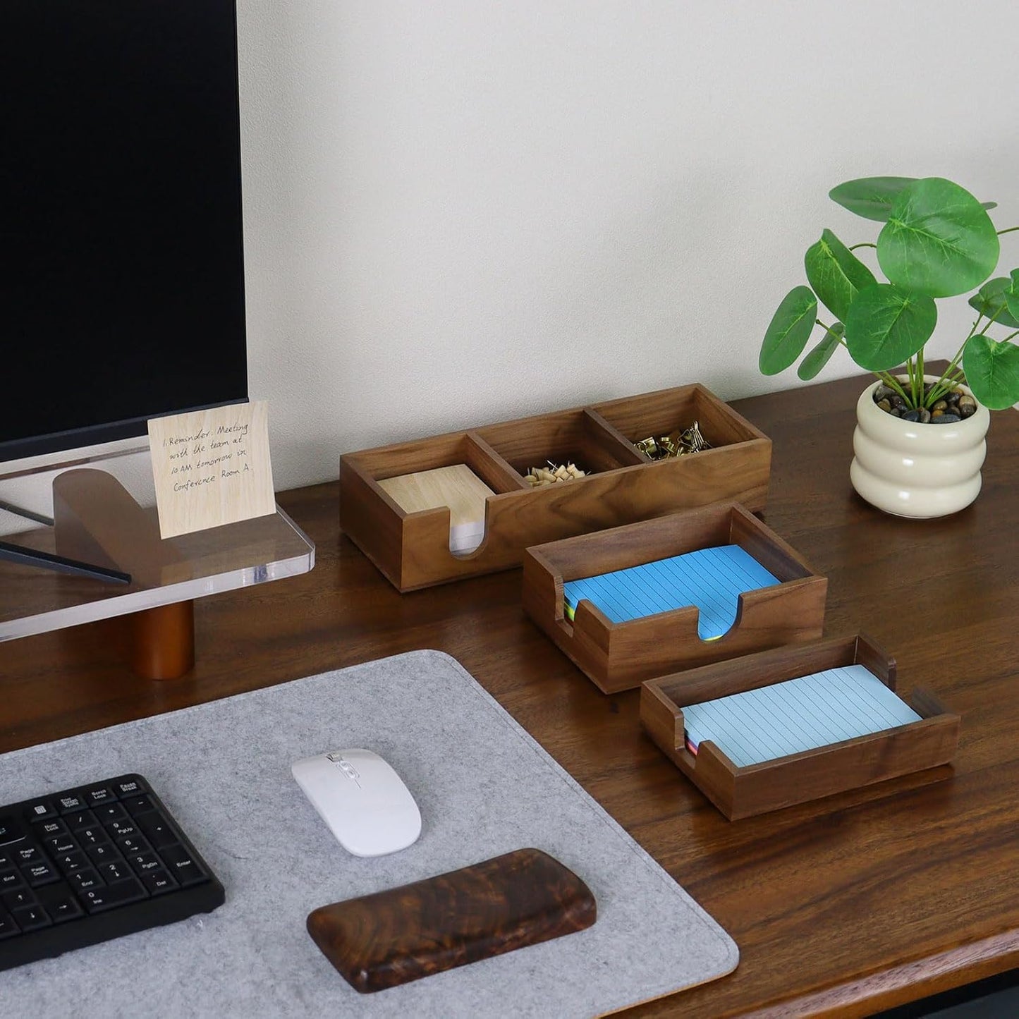 MultiBey 3 in1 Walnut Wooden Sticky Note Holder, 12" x 4.3" x 2.4" Self-Stick Note Pads Holder Memo Pad Dispenser, Wood Post it Note Dispenser Desk Organizer for Office Home School