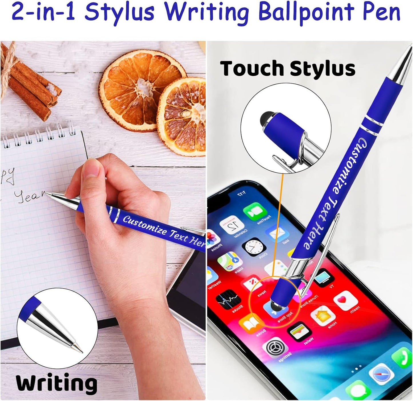 Personalized Pens Bulk 100 with Name Custom Engraving Ballpoint Pens with Stylus Tip Customized Smooth Writing Pens Personalized Gifts for Anniversary Birthday or Graduation(Blue,Black Ink)