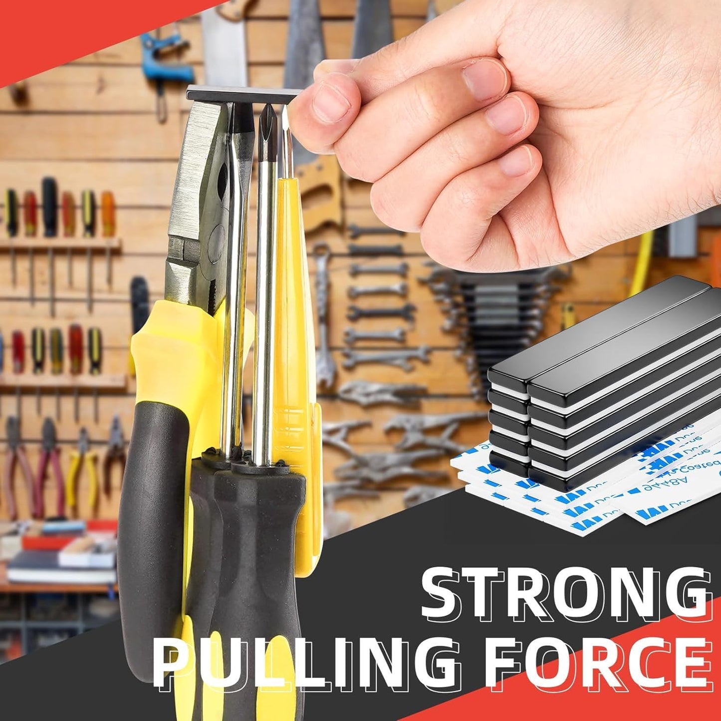 Grtard 24 Pack Strong Neodymium Bar Magnets Heavy Duty, Powerful Permanent Rare Earth Magnets with Double-Sided Adhesive, Super Strong Magnets Bar for Kitchen, Fridge, DIY, Craft, Garage - 60x10x3mm