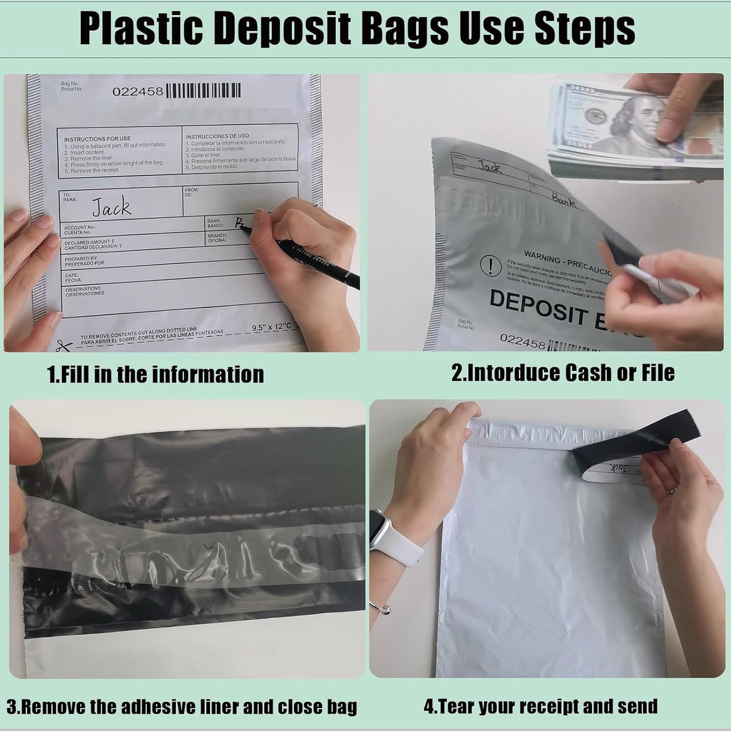 Plastic Deposit Bags 30 Pack 9.5''x 15'', Opaque Security Bank Deposits,Cash register,Money bag for Cash,Bank Pocket,Tamper-Evident,Unique Barcode