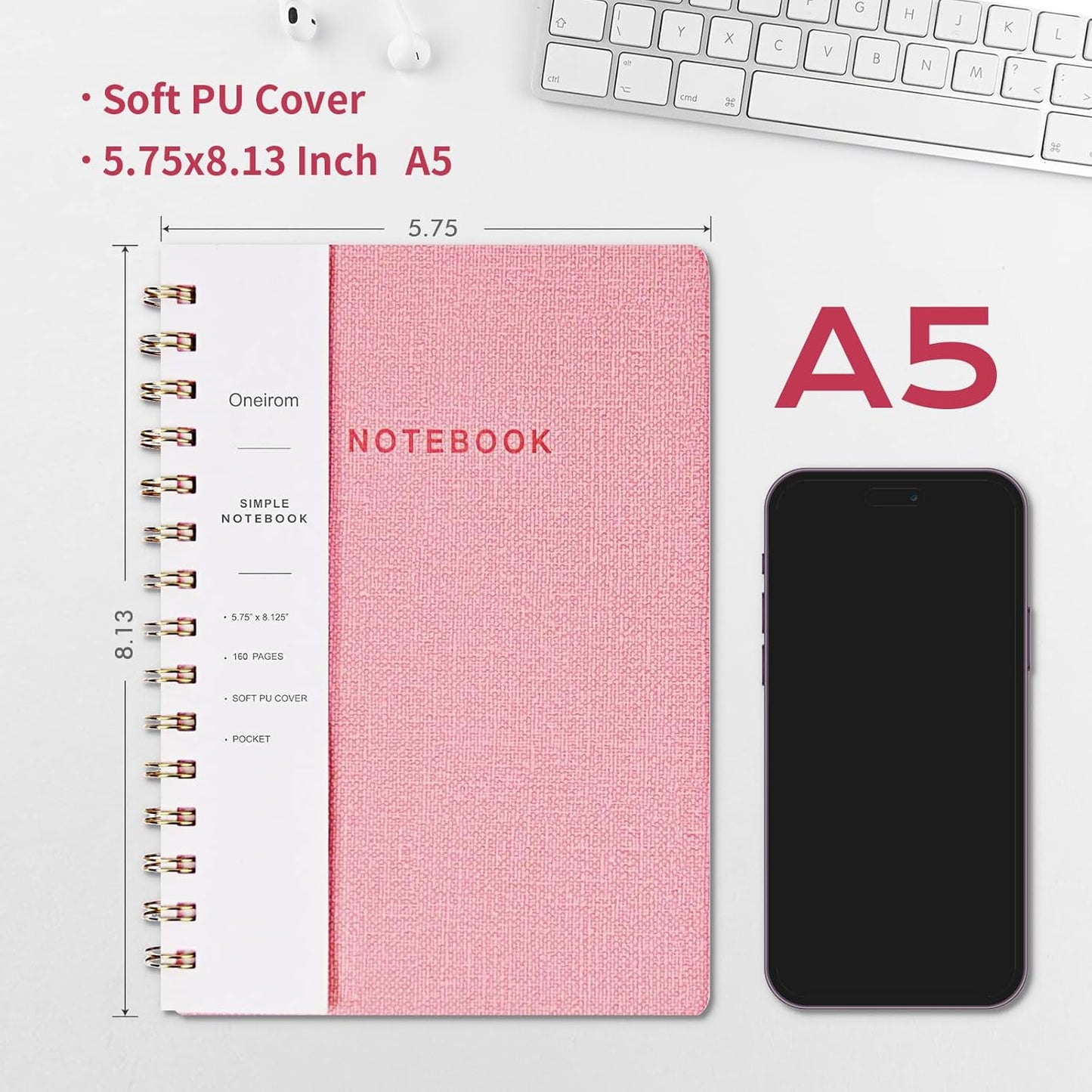 Lined Spiral Notebook College Ruled A5 Journal Book for Note Taking, 160 Pages Writing Journal for Office and Home School Supplies 5.75x8.125 inch (3pack-Pink/NavyBlue/Black)