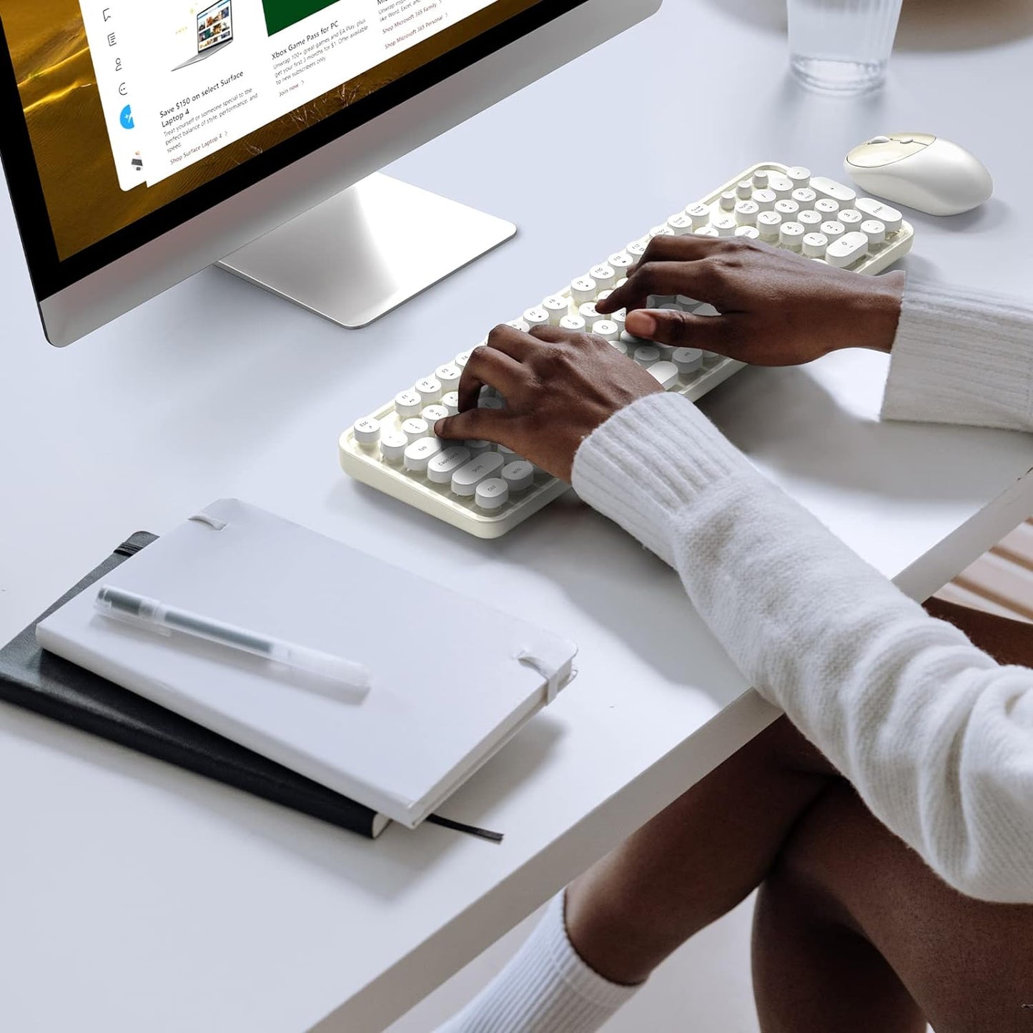 Wireless Keyboard and Mouse, Typewriter Full Size Keyboard with Number Pad and 2 in 1 USB Connected Mouse for Windows 7/8/10, Laptop, Desktop, PC, Computer (Off-White)