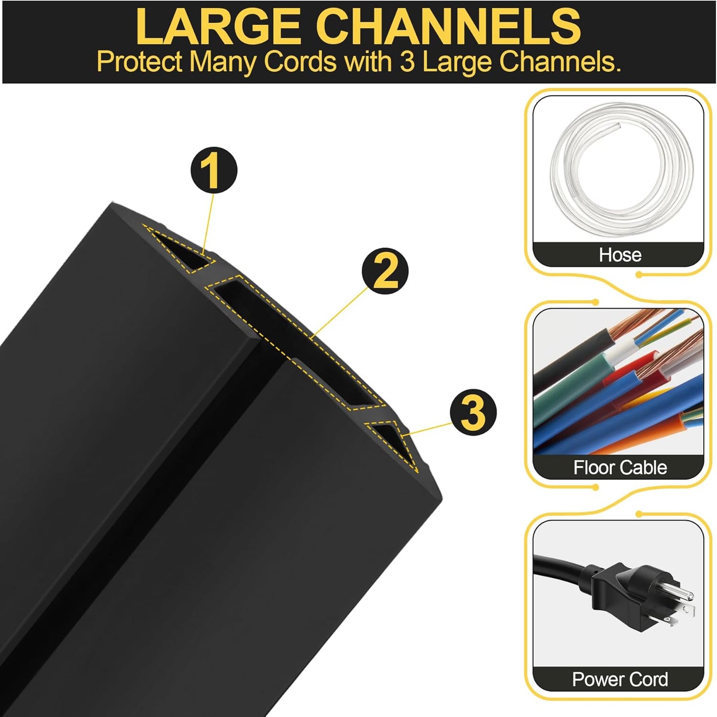 MYFAMIREA 20FT Floor Cord Cover Heavy Duty Cable Cover Protector 3 Channels Extension PVC Floor Wire Cover Outdoor Cord Hider Management Cord Cover for Wire on Floor Home Outdoor (2PCS 10FT, Black)