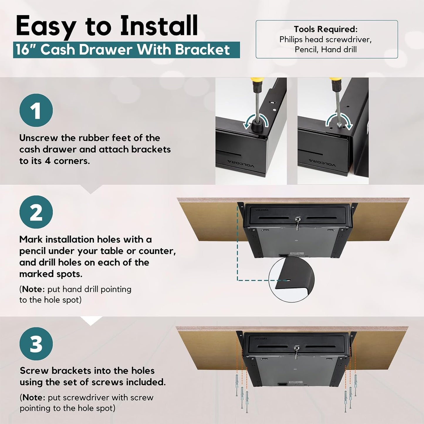 Volcora Manual Push Open Cash Register Drawer with Under Counter Mounting Metal Bracket - 16" Black Front Touch Panel Cash Drawer for POS, Fully Removable 5 Bill 8 Coin Tray, Key-Lock