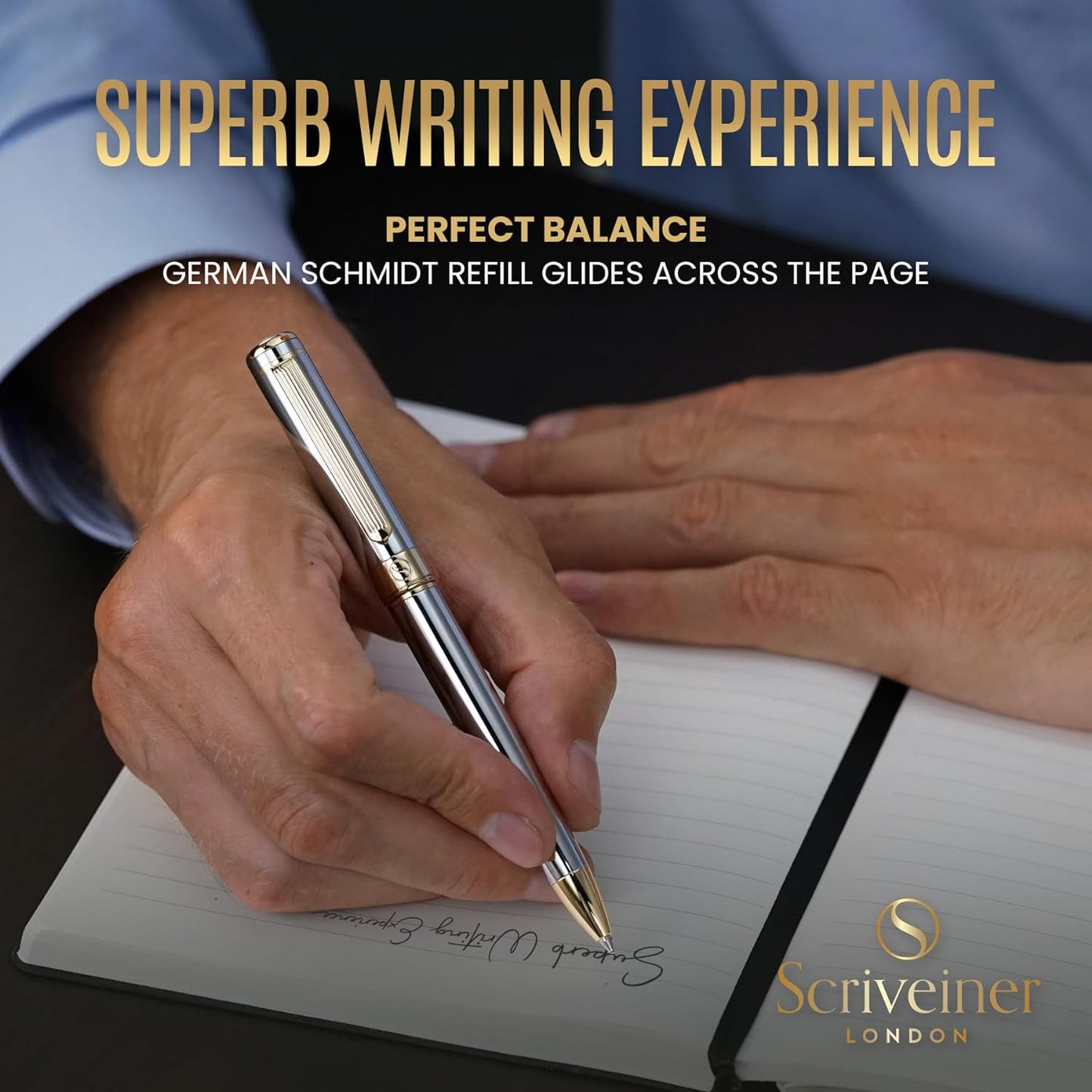 Scriveiner Silver Chrome Ballpoint Pen - Stunning Luxury Pen with 24K Gold Finish, Schmidt Black Refill, Best Ball Pen Gift Set for Men & Women, Professional, Executive, Office, Nice, Fancy Pens