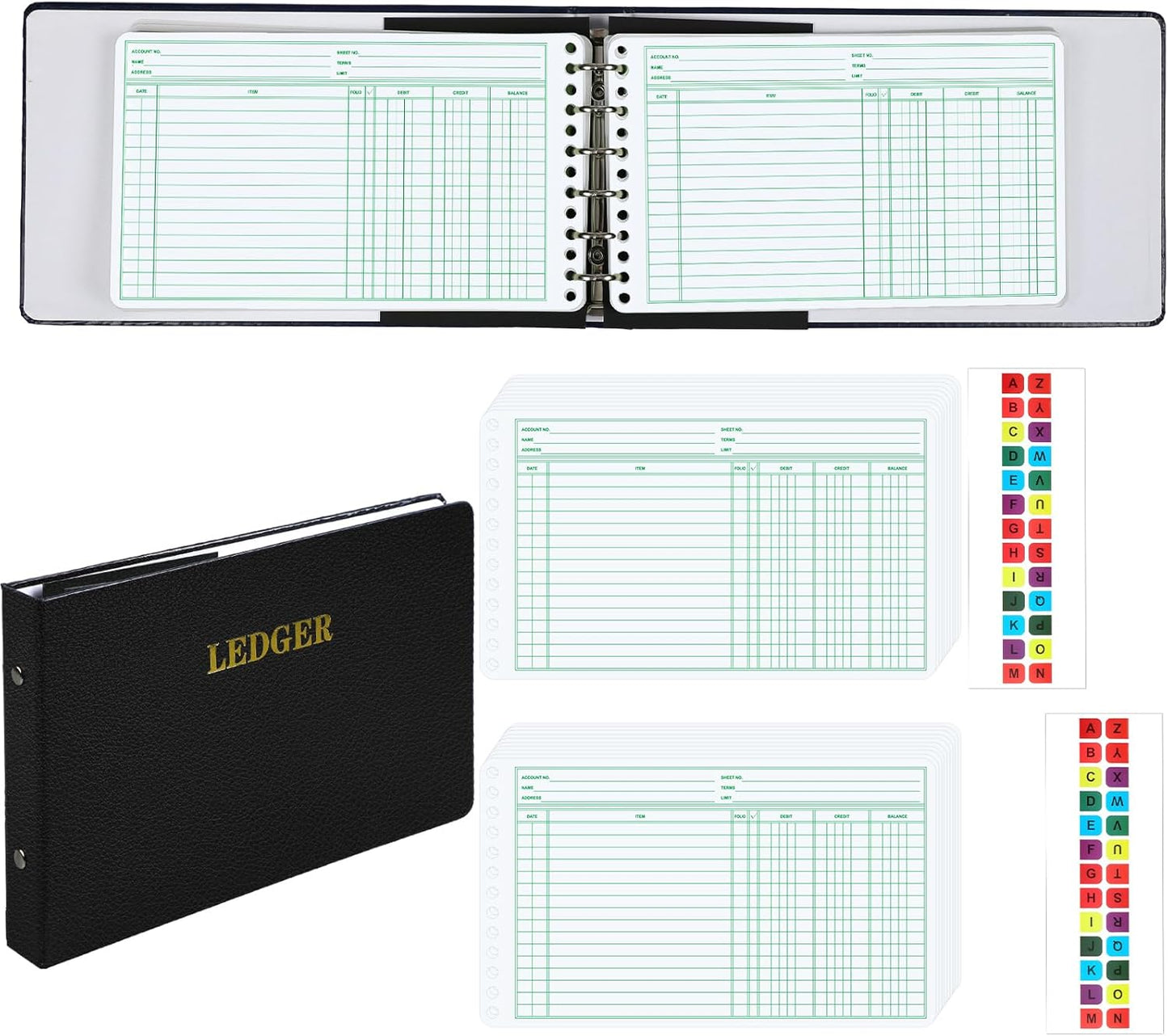 Ring Ledger Binder with 200 Pcs 5"x8.5" Ledger Sheets Small Index Tabs for Bookkeeping Accounting Business with Debit Credit Balance Columns(Black Cover, White Sheets)