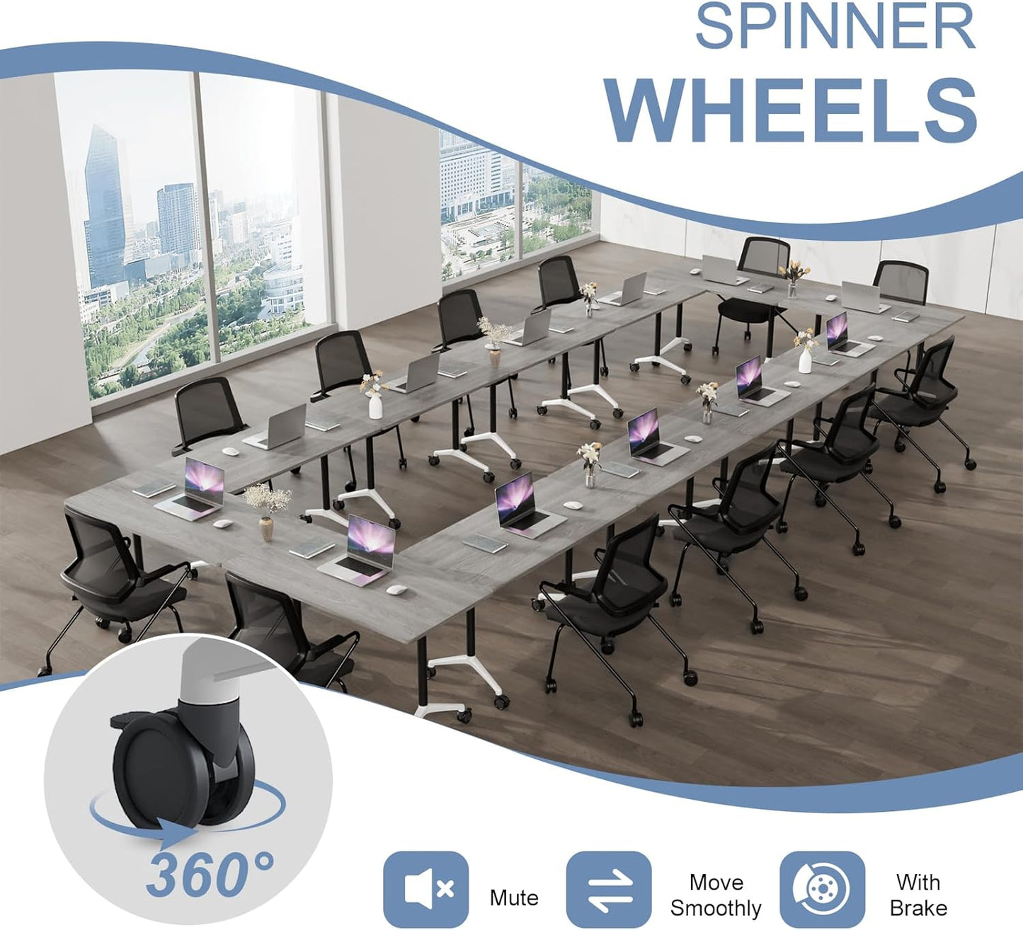 Folding Conference Table, Mobile Training Table for Office Conference, Modern Modular Rectangular Work Desk Meeting Seminar Work Tables with Caster Wheels, Large Breakroom Tables (2Pack L63in)
