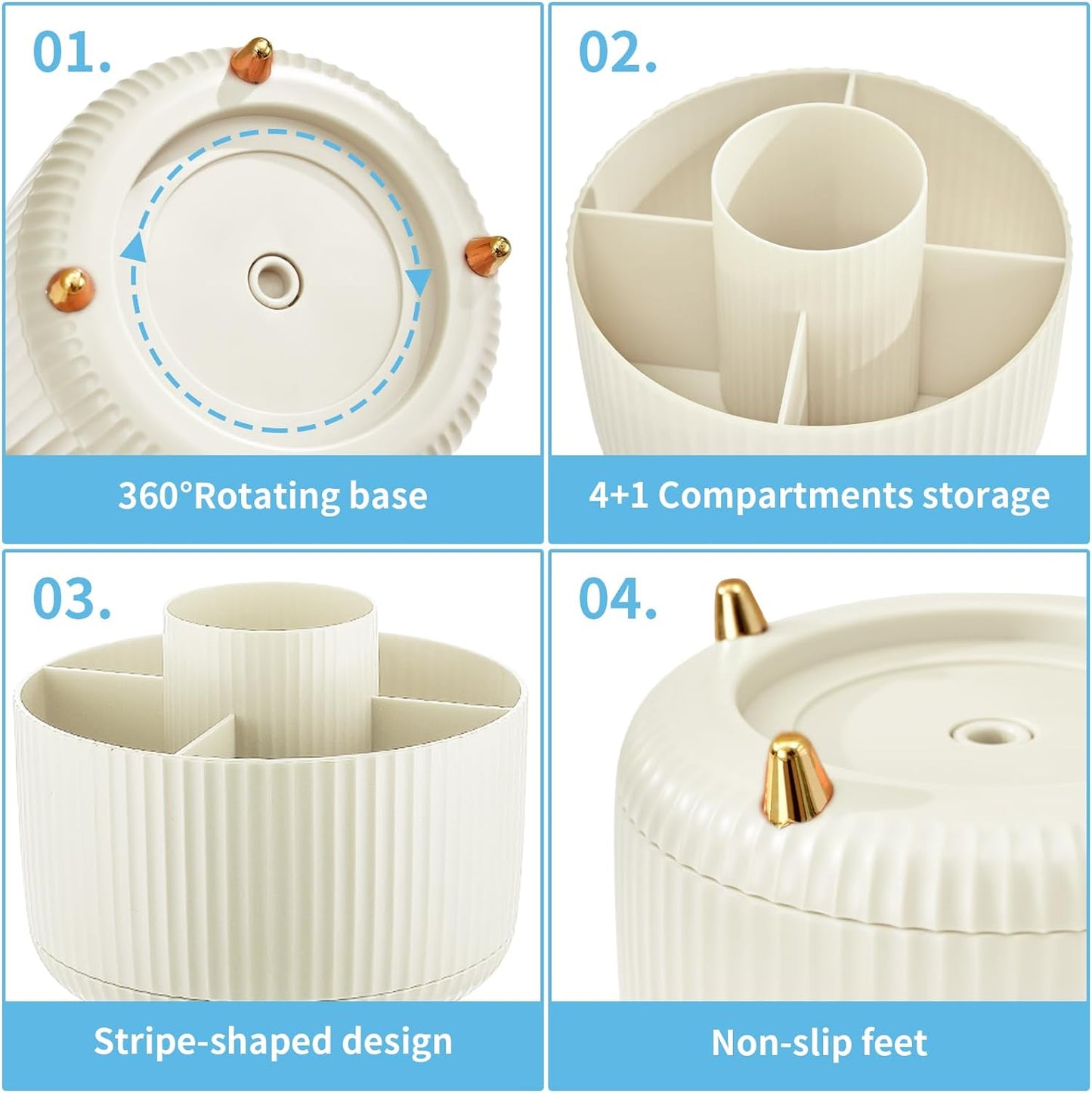 Marbrasse Desk Organizer, 360-Degree Rotating Pen Holder, 5-Compartment Pencil Organizer, Art Supply Storage Box Caddy for Office and Home (Ivory)