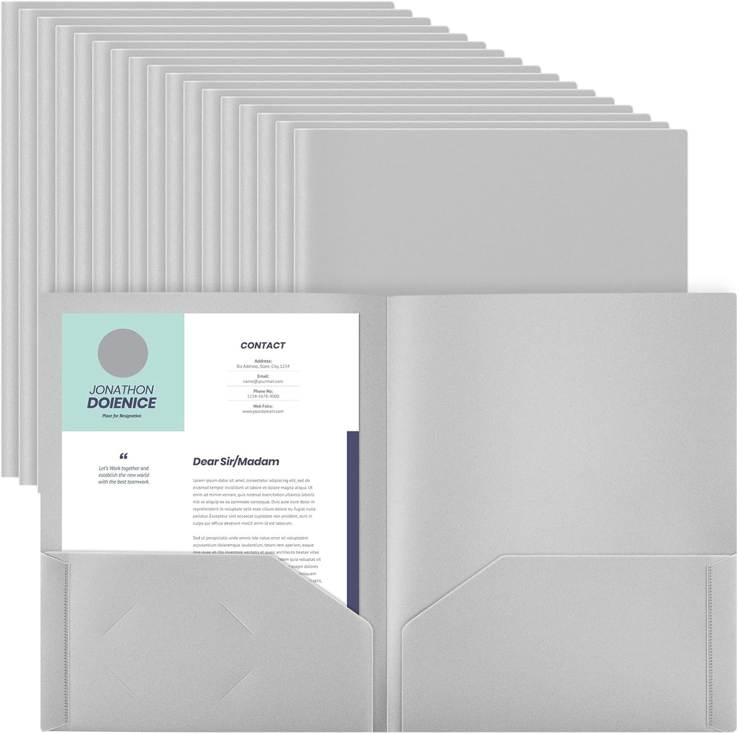 Gueevin 150 Pcs Plastic Folders with Pockets, Two Pocket Folder Fit 8.5 x 11 Inch Letter Size Paper, Heavy Duty School Folders Business Card Holder for Home Office School Bussiness (Light Gray)