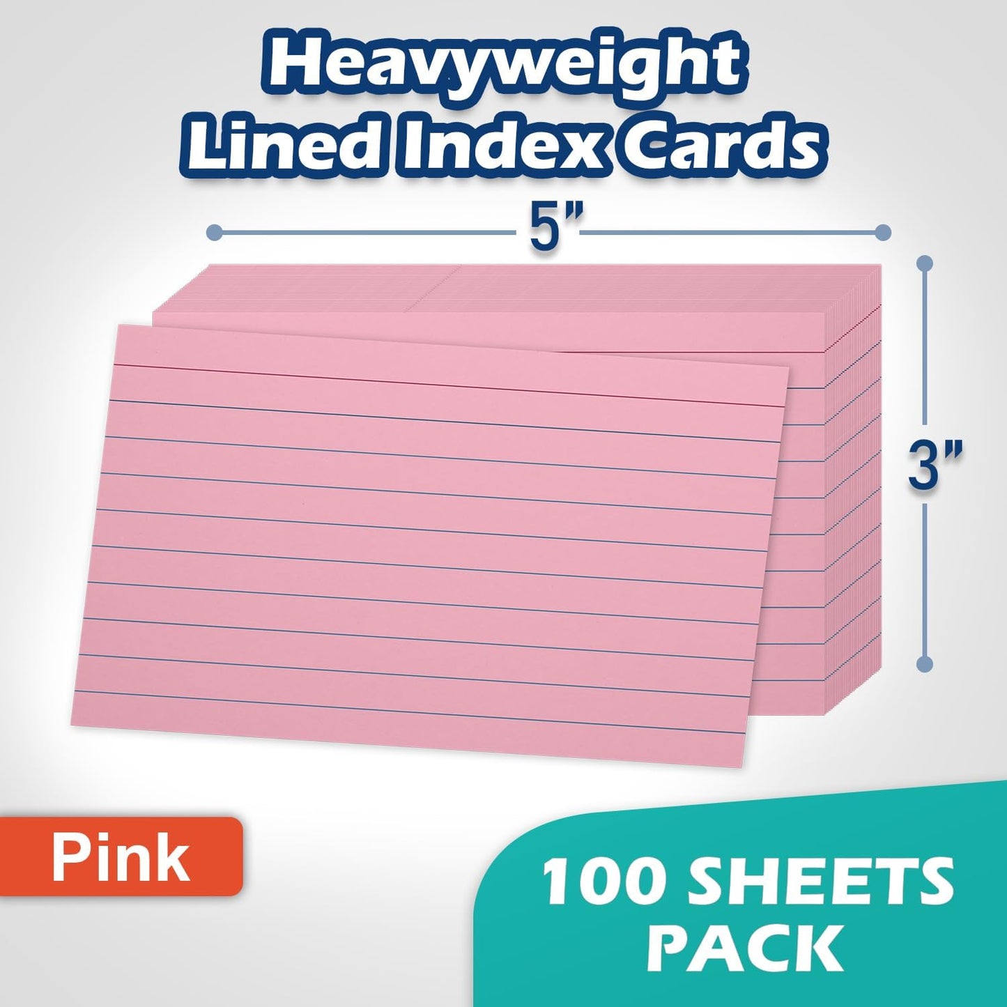 Pink Lined Index Cards 3x5 Ruled Note Cards 100 Count, 180 gsm Heavy Weight