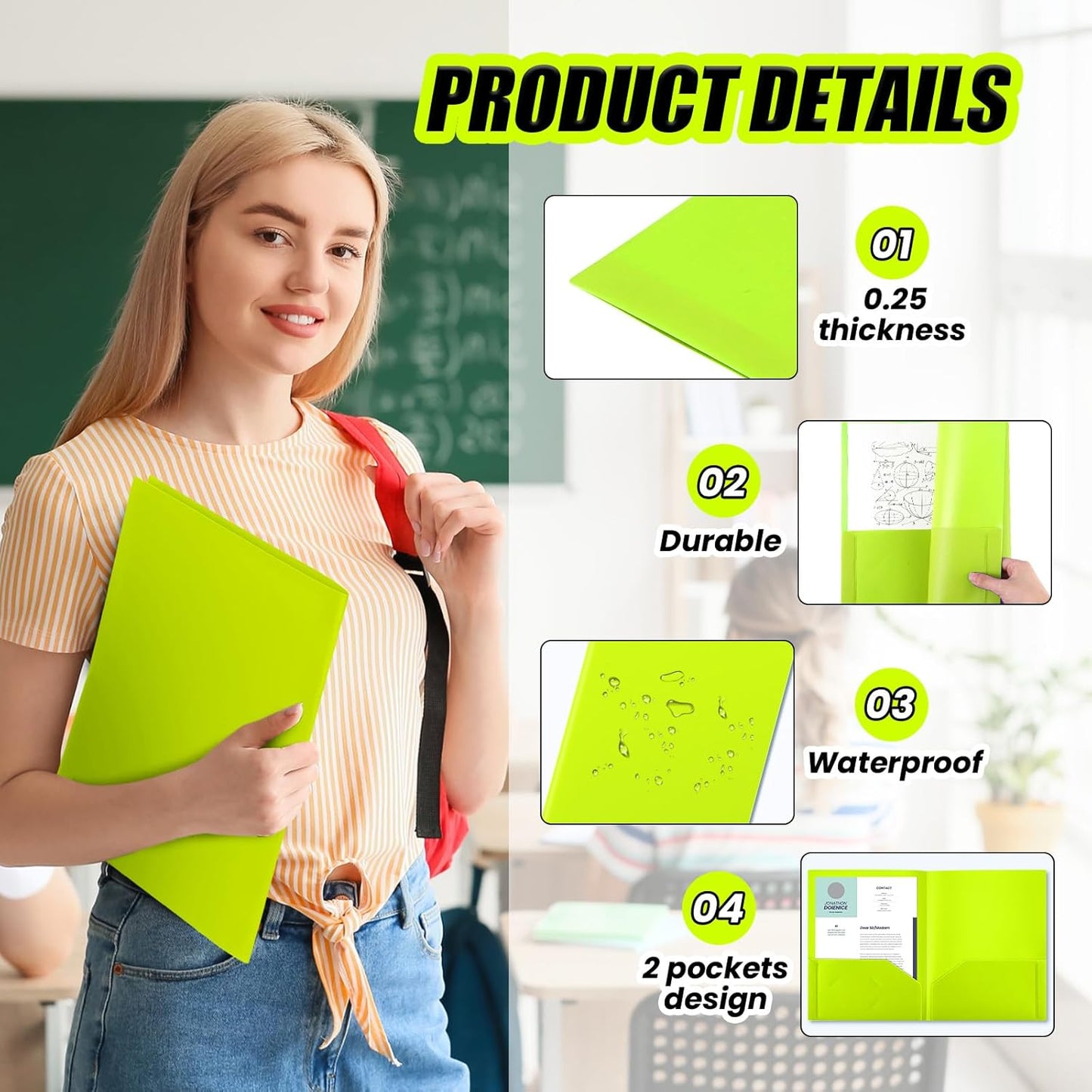 Gueevin 150pcs Plastic Folders with Pockets, Two Pocket Folder Fit 8.5 x 11 Inch Letter Size Paper, Heavy Duty School Folders Business Card Holder for Home Office School Bussiness (Bright Green)