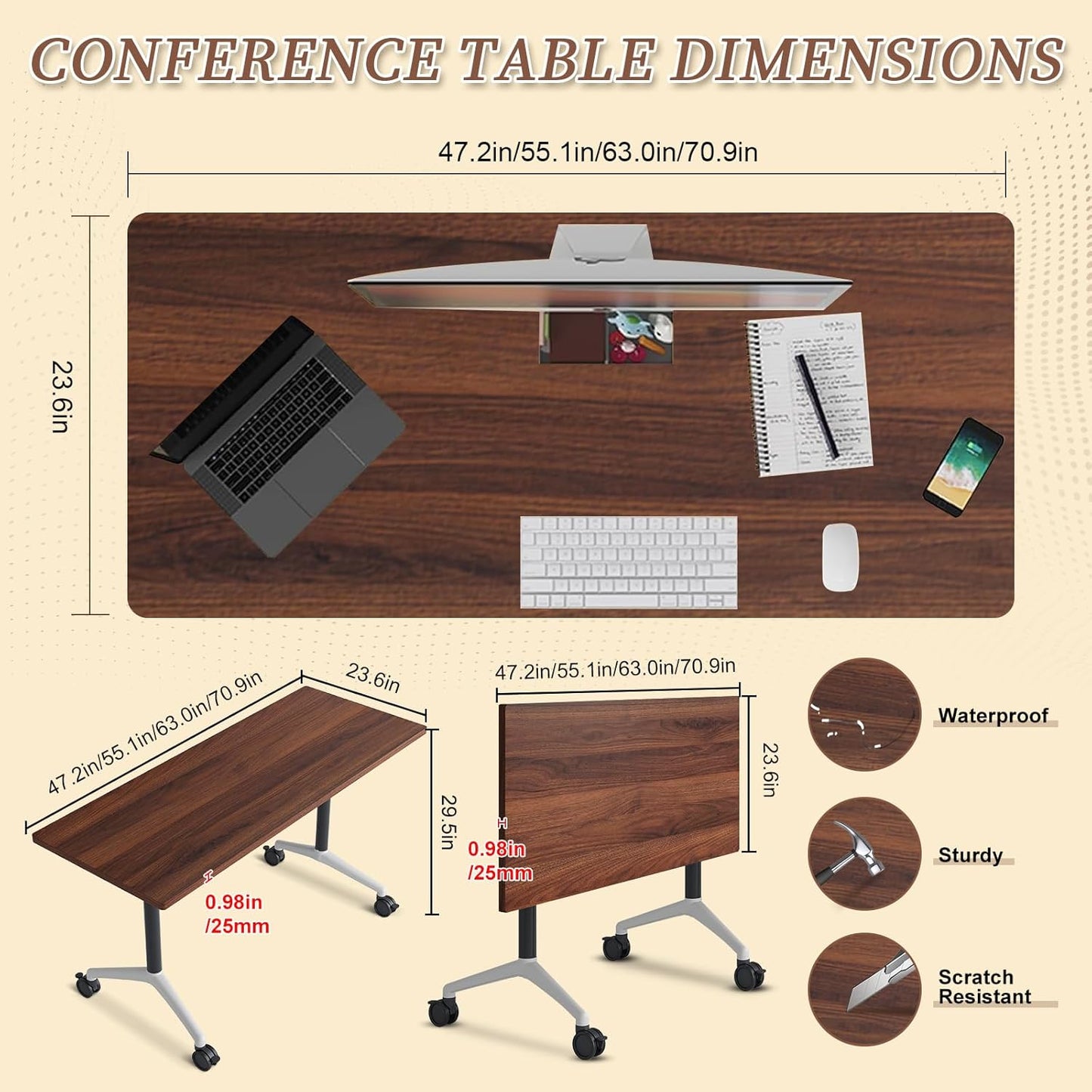 Folding Conference Room Table, Modern Conference Tables with Wheels, Large Rectangular Mobile Training Tables for Office Classroom, Foldable Modular Boardroom Seminar Table (4pack L55.1in)