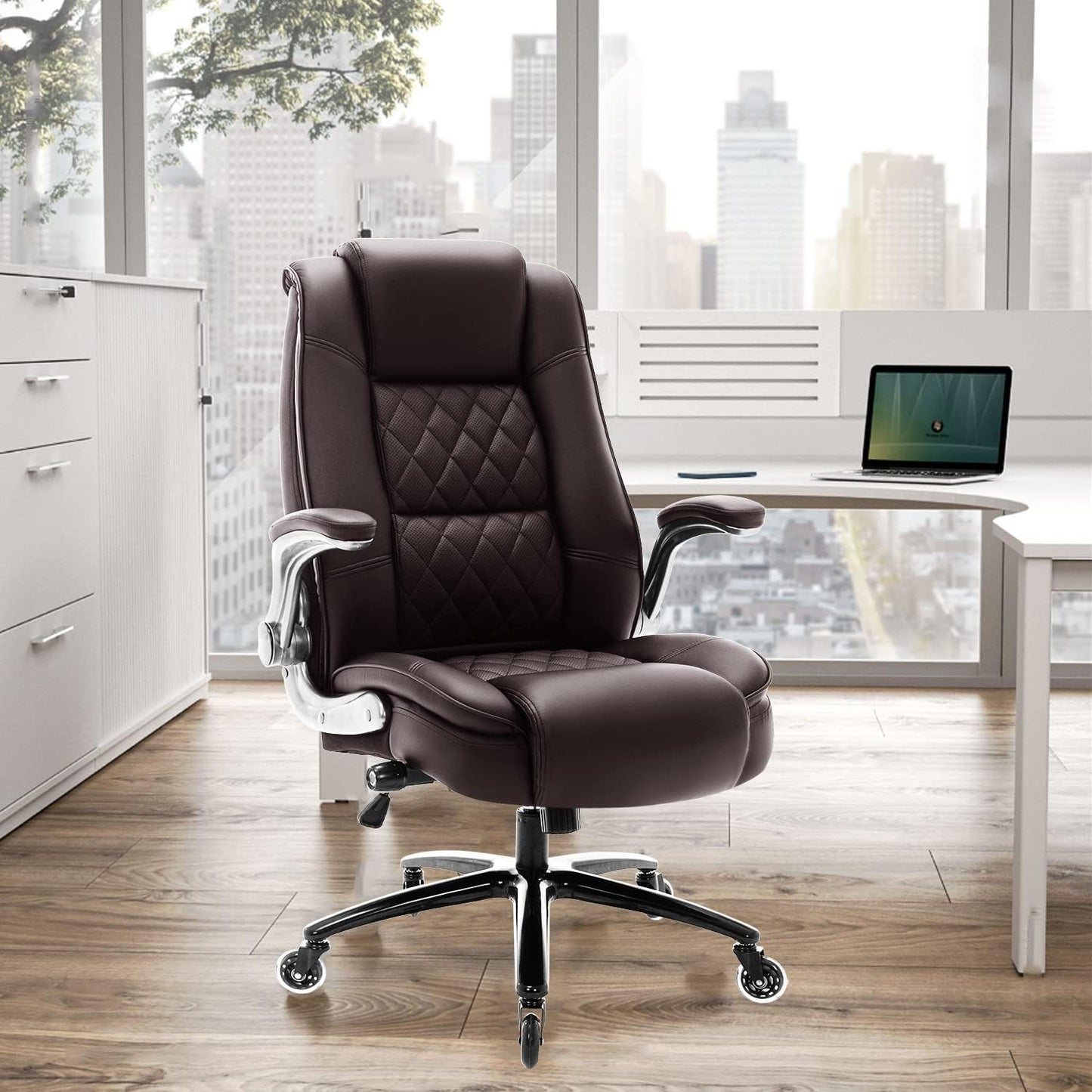 EZAKI High Back Office Chair-Flip-up Arms Executive Computer Desk Chair, Built-in Lumbar Support Thick Padded Adjustable Rock Tension Ergonomic Design for Back Pain (Brown)