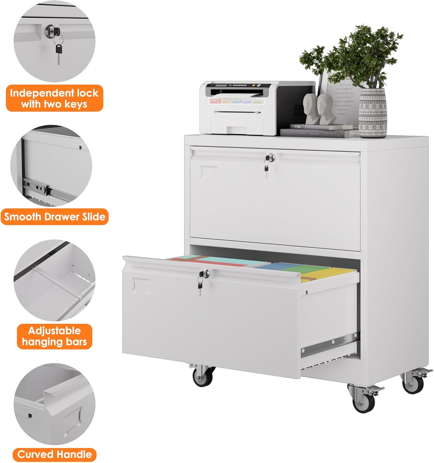 METAN Upgrade 2 Drawers Lateral File Cabinet on Wheels,Steel Office Filing Storage Cabinet with 2 Locks,Assembly Required,White