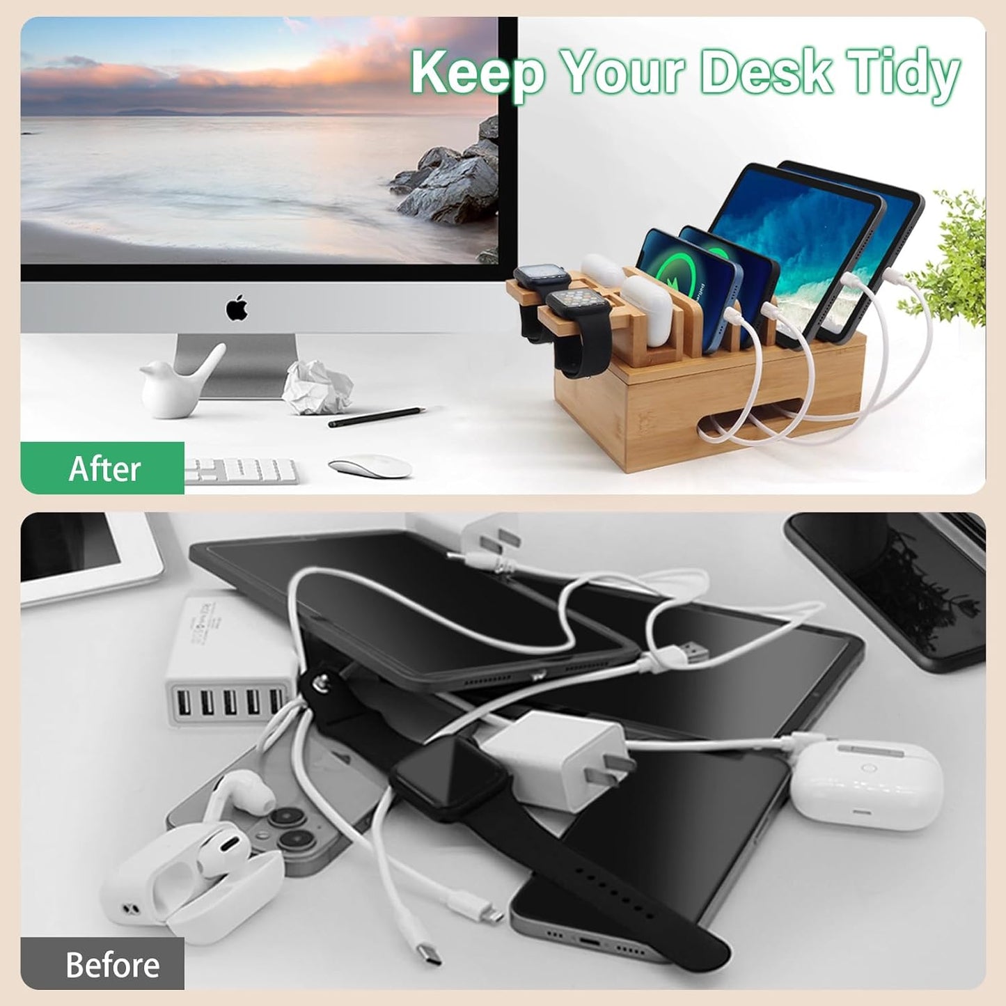 Bamboo Charging Stations for Multi Devices with 5 Port USB Charger, 6 Cables, Desktop Wood Docking Station Charger Organizer for Cell Phones, Tablets,Earphone, Watches