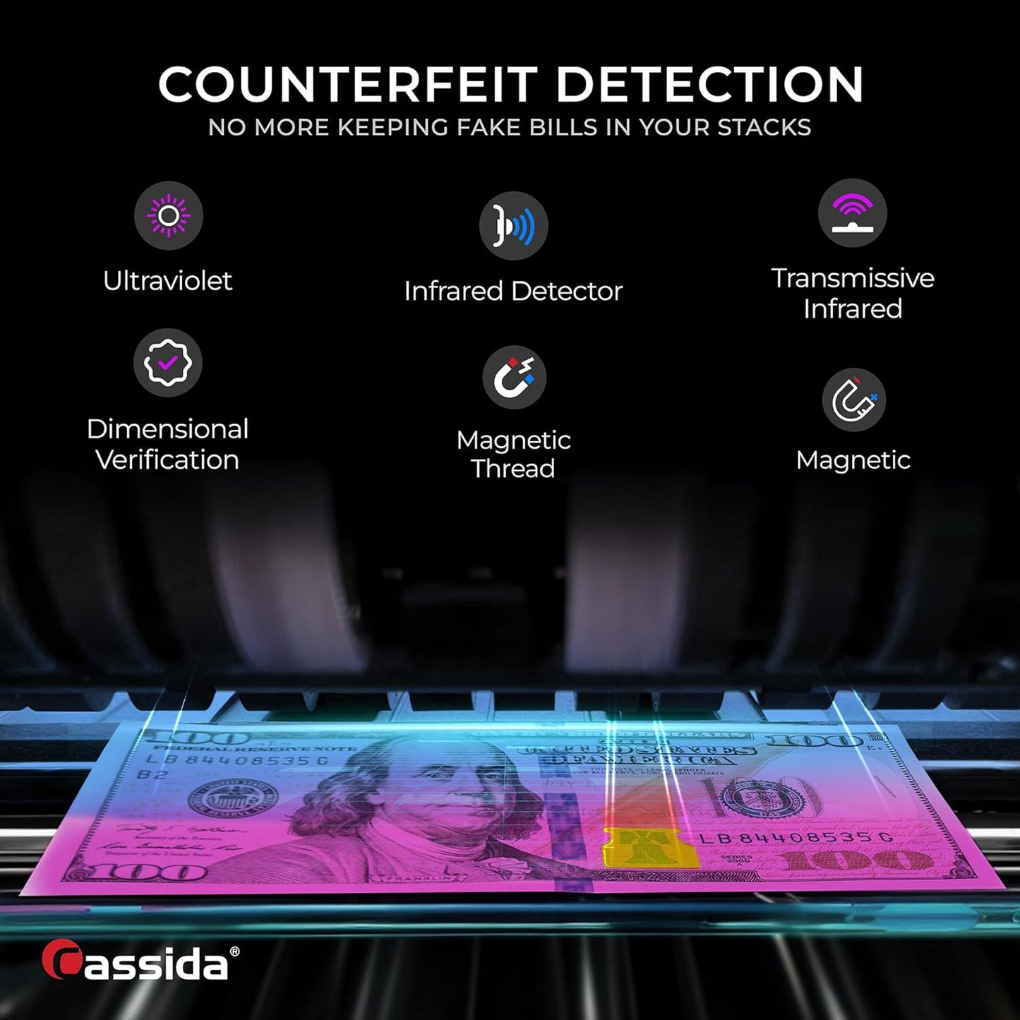 Cassida 5520 UV/MG - USA Money Counter with ValuCount, UV/MG/IR Counterfeit Detection, Add and Batch Modes - Large LCD Display & Fast Counting Speed 1,300 Notes/Minute