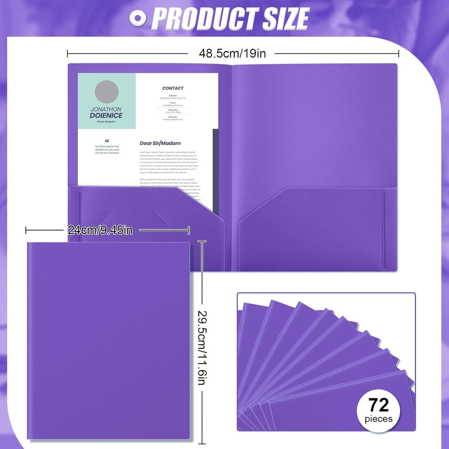 Gueevin 72 Pcs Two Pocket Folders Bulk Plastic File Folder with 2 Pockets Letter Size Paper Heavy Duty Durable Portfolios Case for Home Office School Business 11.61 x 9.45 Inch (Purple)
