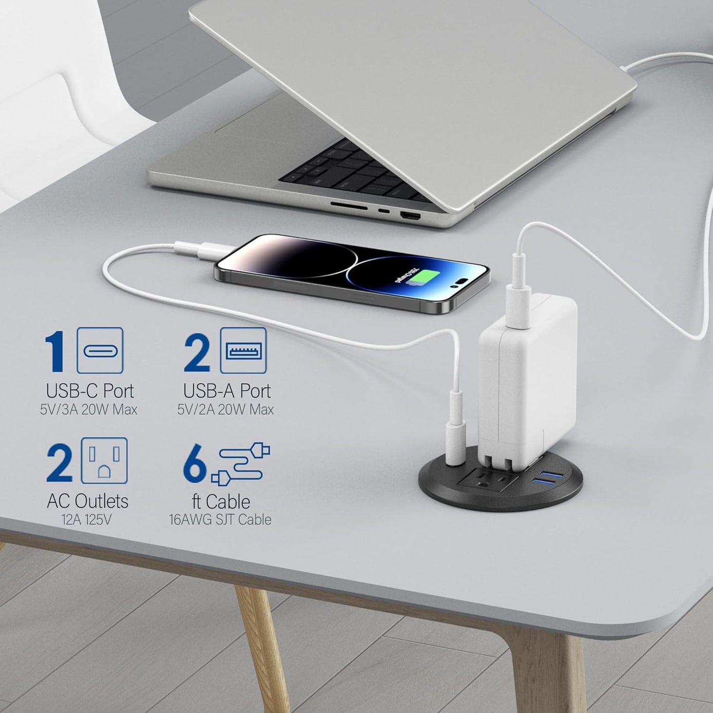 3 inch Desktop Power Grommet USB C,20W Fast Charging Station,Furniture Recessed Power Strip,2 Outlets,3 USB Ports,Flush-Mount for Desktop, Workspace Essential Desk Outlet,2 Pack (Black)