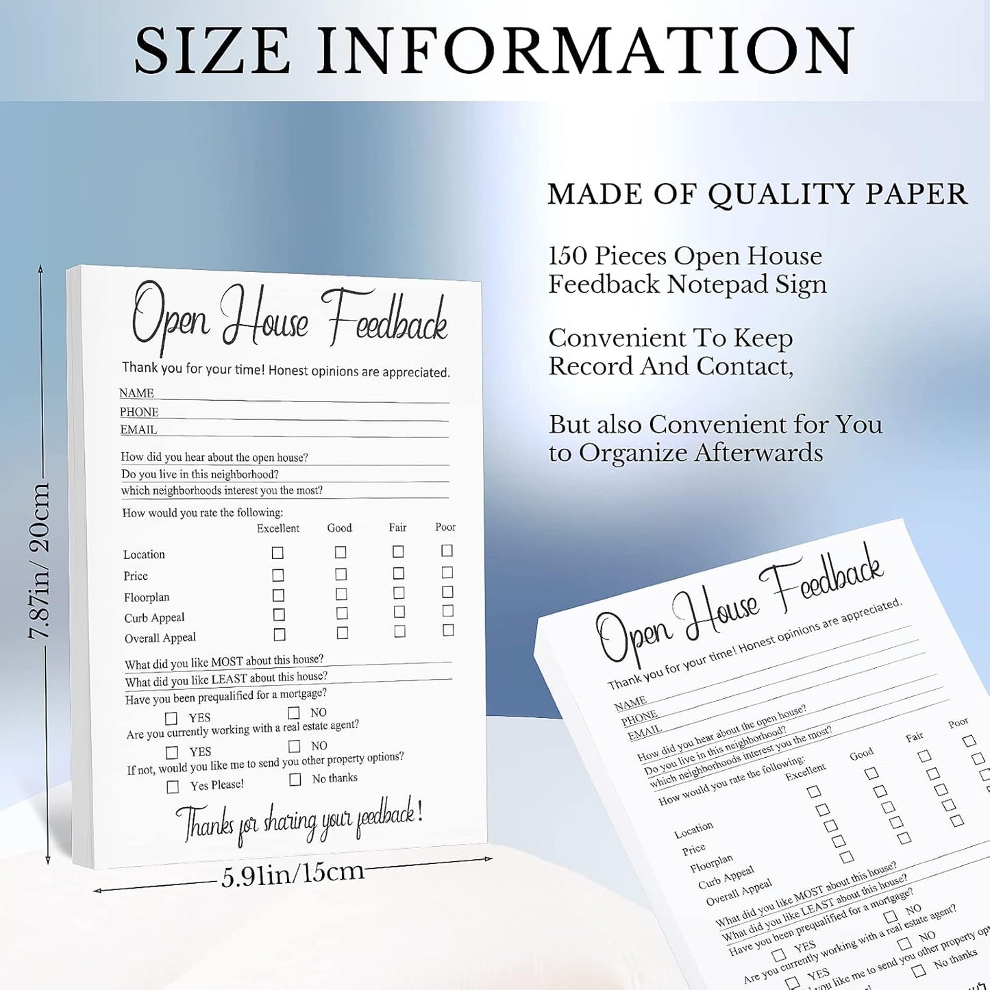 Marspark 150 Piece Real Estate Signs - Open House Supplies, Feedback Notepad, Questionnaire, Form for Agents & Brokers