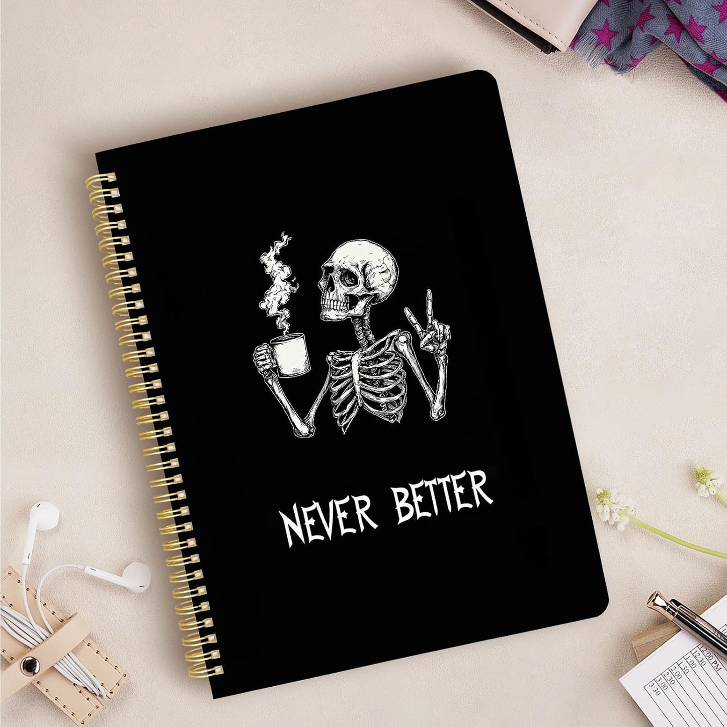 Cute Spiral Notebook journal A4 Aesthetic Pretty Design for Women Girls Kawaii with Pocket, 8.5 x 11 inch, Lined, Skeleton