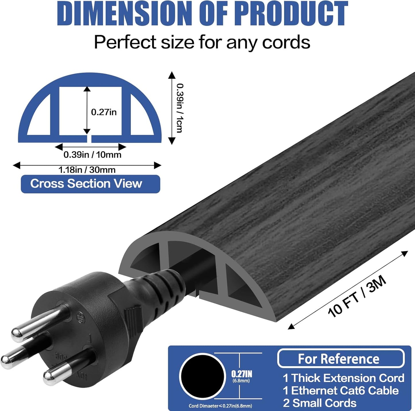 Floor Cord Cover Self Adhesive Cord Hider,10FT Cable Management, Extension Strip Protector for Wires, Prevent Cable Trips for Offices, Gyms, Exhibitions Cavity:0.39"(W) x 0.27"(H) Wooddarkblack