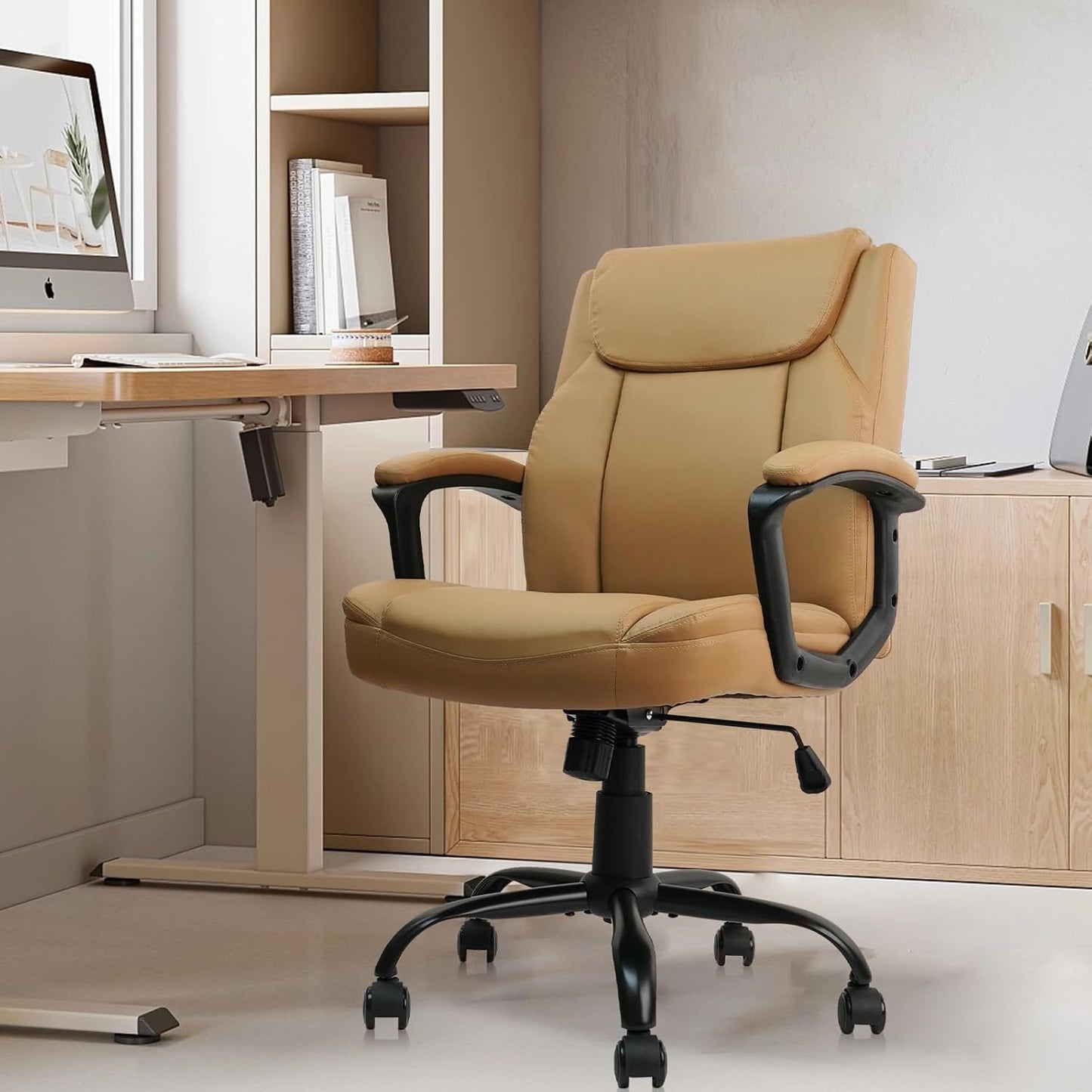 CLATINA Brown Office Computer Chair PU Leather Executive Swivel Adjustable Height Chairs with Upholstery Fixed armrest Mid-Back Leather Thick Cushion Office Chair Brown 8Pack