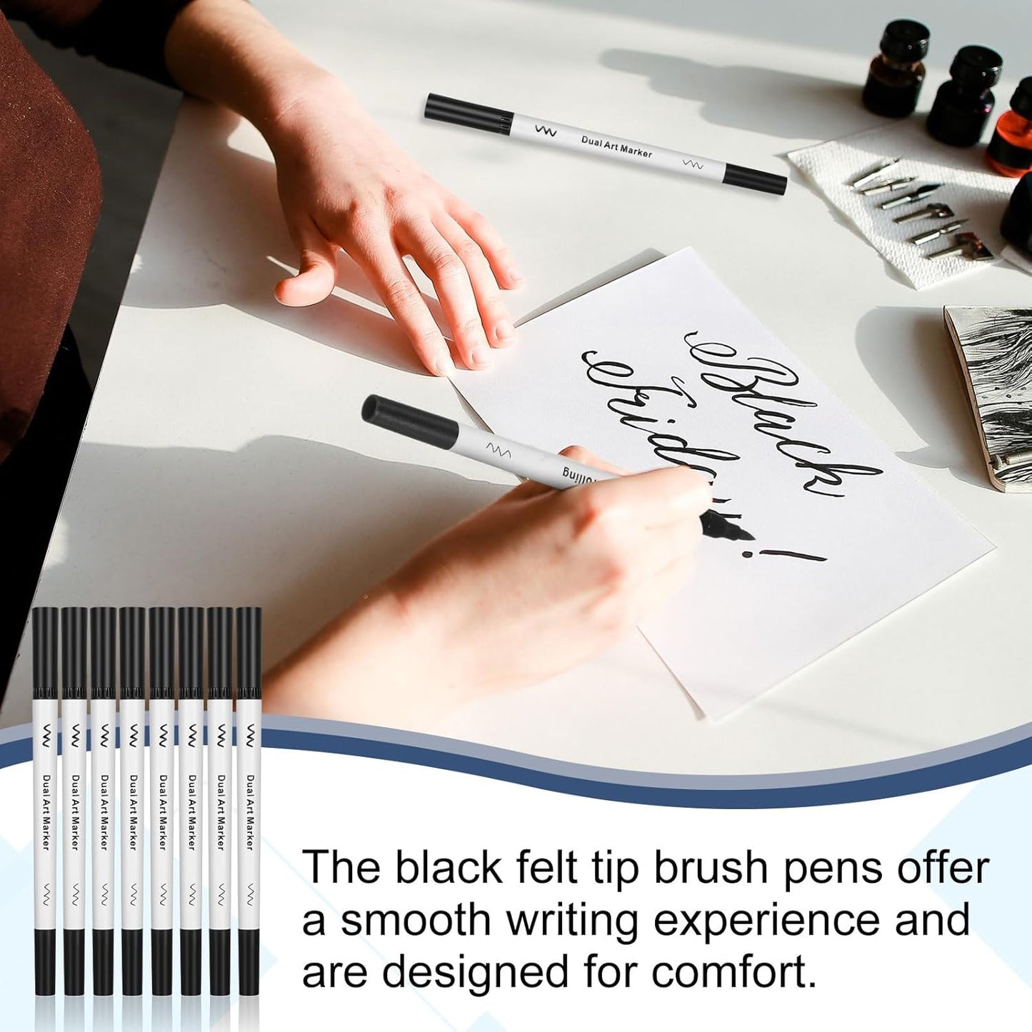 50 Pcs Black Drawing Pens Bulk Dual Brush Fineliners Pens Felt Tip Markers for Art Drawing Sketching