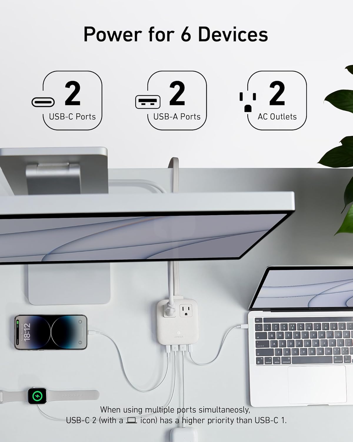 Anker Nano Charging Station(67W Max), 6-in-1 USB-C Power Strip for iPhone 16/15&MacBook, with Flat Plug and 5ft Thin Undetachable Extension Cord, 2 AC Outlet, 4 USB Ports, 2 USB-C,for Home & Office