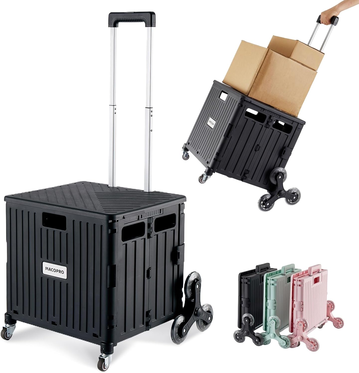 Foldable Utility Cart with Stair Climbing Wheels, Collapsible Rolling Crate with Telescoping Handle, Folding Shopping Trolley Handcart Grocery Book File Tool Teacher Storage Basket (Black)