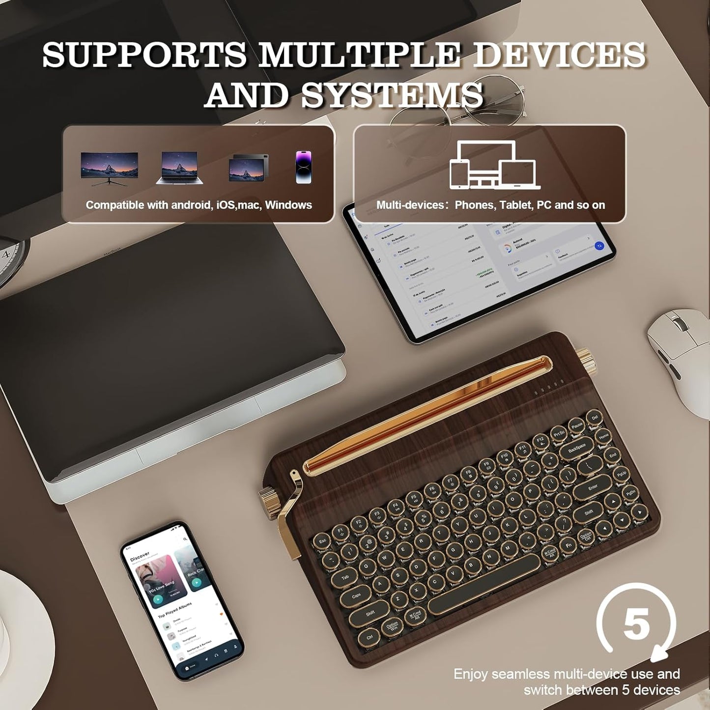 YUNZII QL75 Wireless Typewriter Hot Swap Retro Mechanical Keyboard,Punk Round Keycaps,RGB Backlit QMK/VIA Programmable, Multi-Device Keyboard with 2.4GHz/Type-C/BT5.0 (Wood, Onyx Switch)