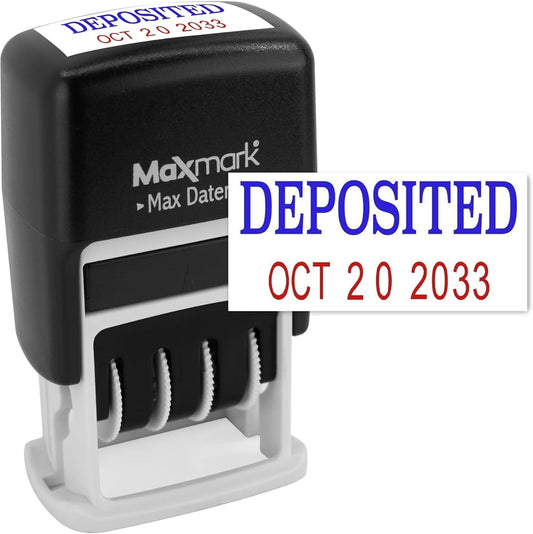 MaxMark Self-Inking Rubber Date Office Stamp with DEPOSITED Phrase Blue Ink & Date RED Ink (Max Dater II), 12-Year Band