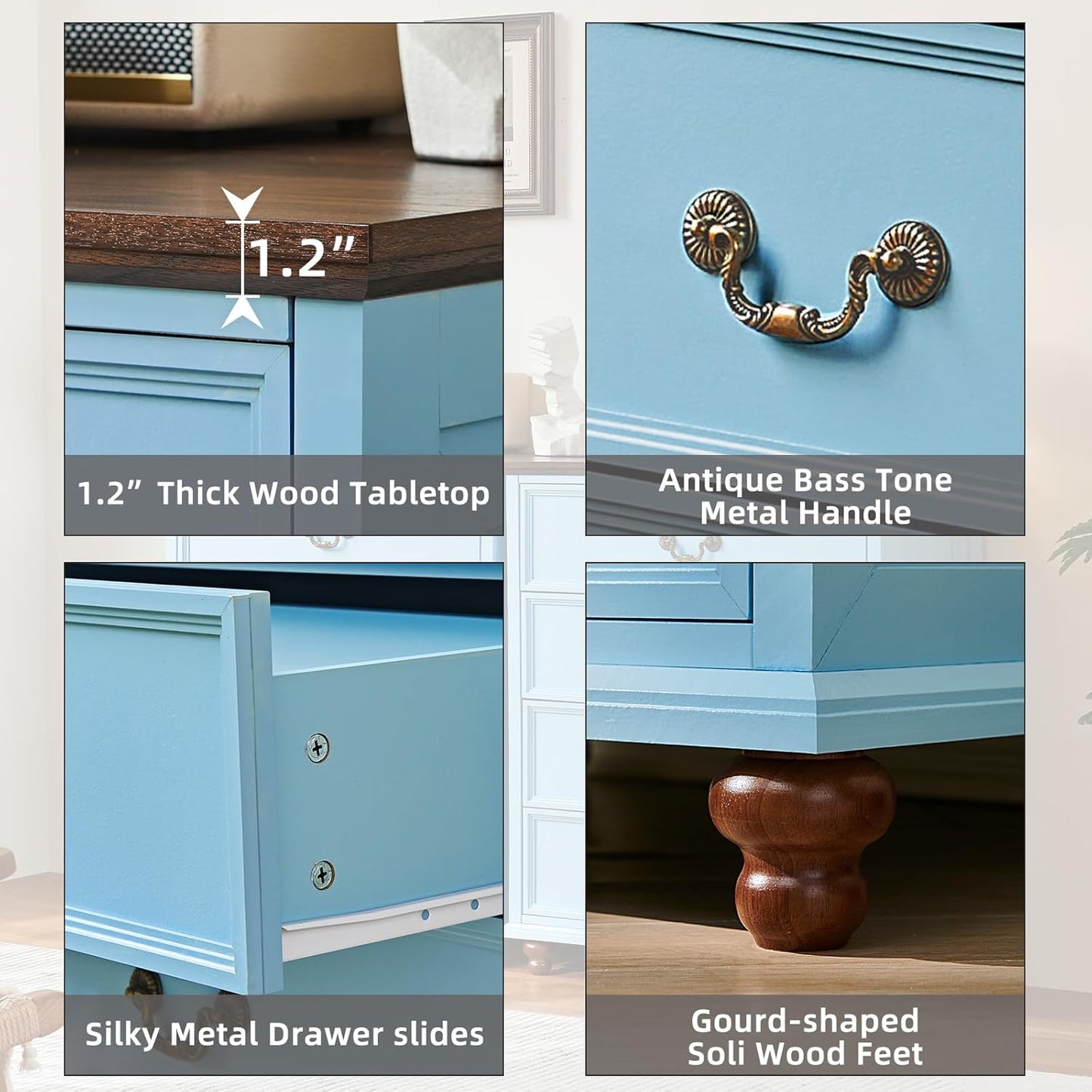Farmhouse 4 Drawer Dresser for Bedroom, 37" Tall Rustic Chests of Drawers w/ 4 Solid Wood Feet, Mid Century Modern Wooden Closet Storage Dressers Organizer for Living Room, Hallway, LightBlue