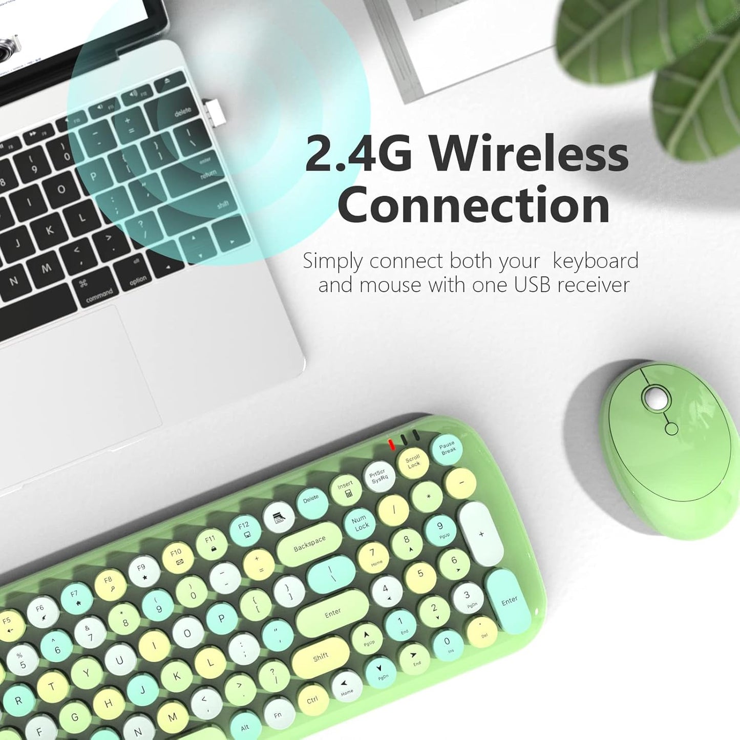 MOFII Wireless Keyboard and Mouse Combo, 2.4GHz Retro Typewriter Keyboard and Cute Mouse for Computer PC Desktops Laptop Windows(Green Mix)