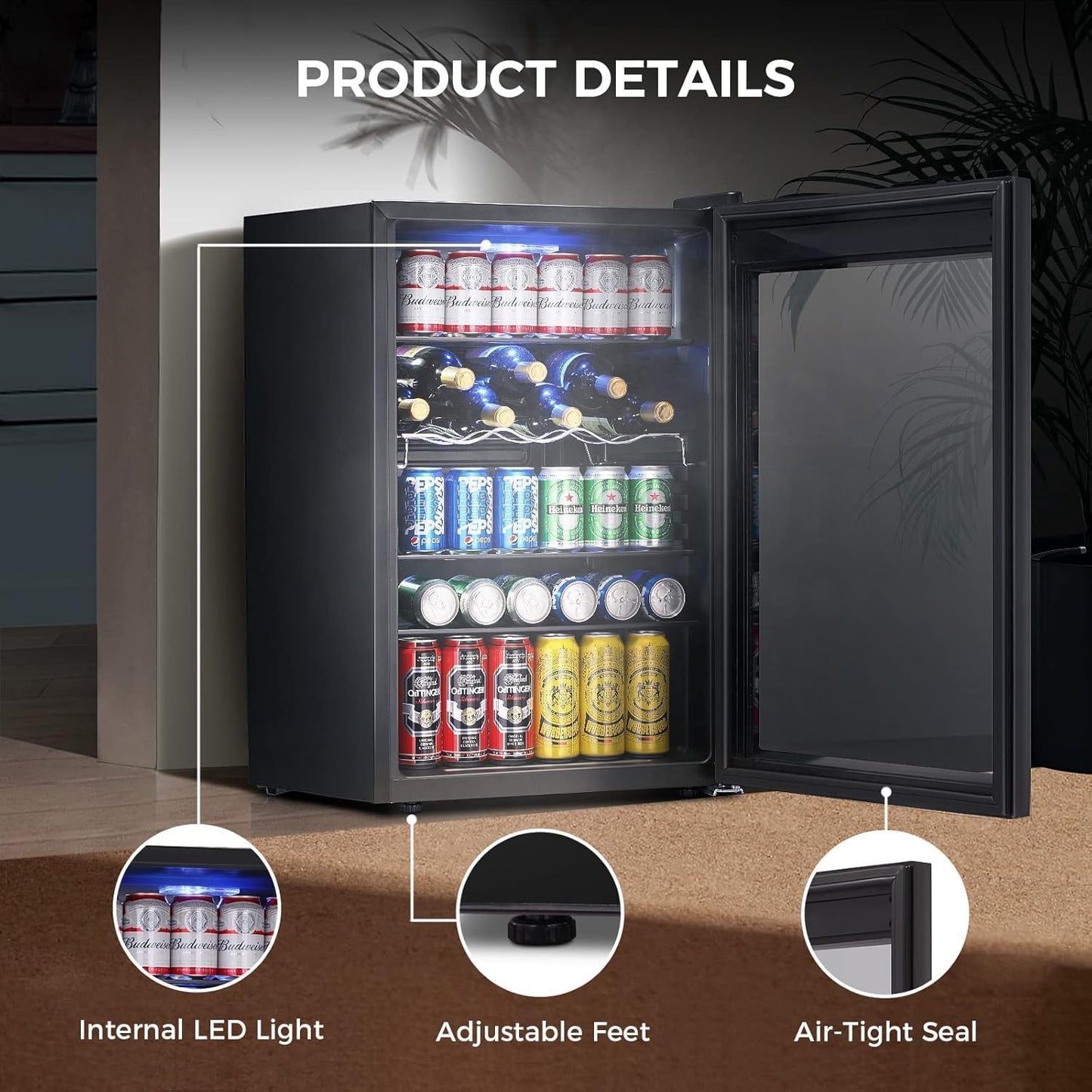 Kismile 4.5 Cu.ft Beverage Refrigerator and Cooler, 145 Can Mini Fridge Glass Door,Digital Temperature Display for Soda, Beer or Wine, Small Drink Dispenser Cooler for Home, Office or Bar(Black)