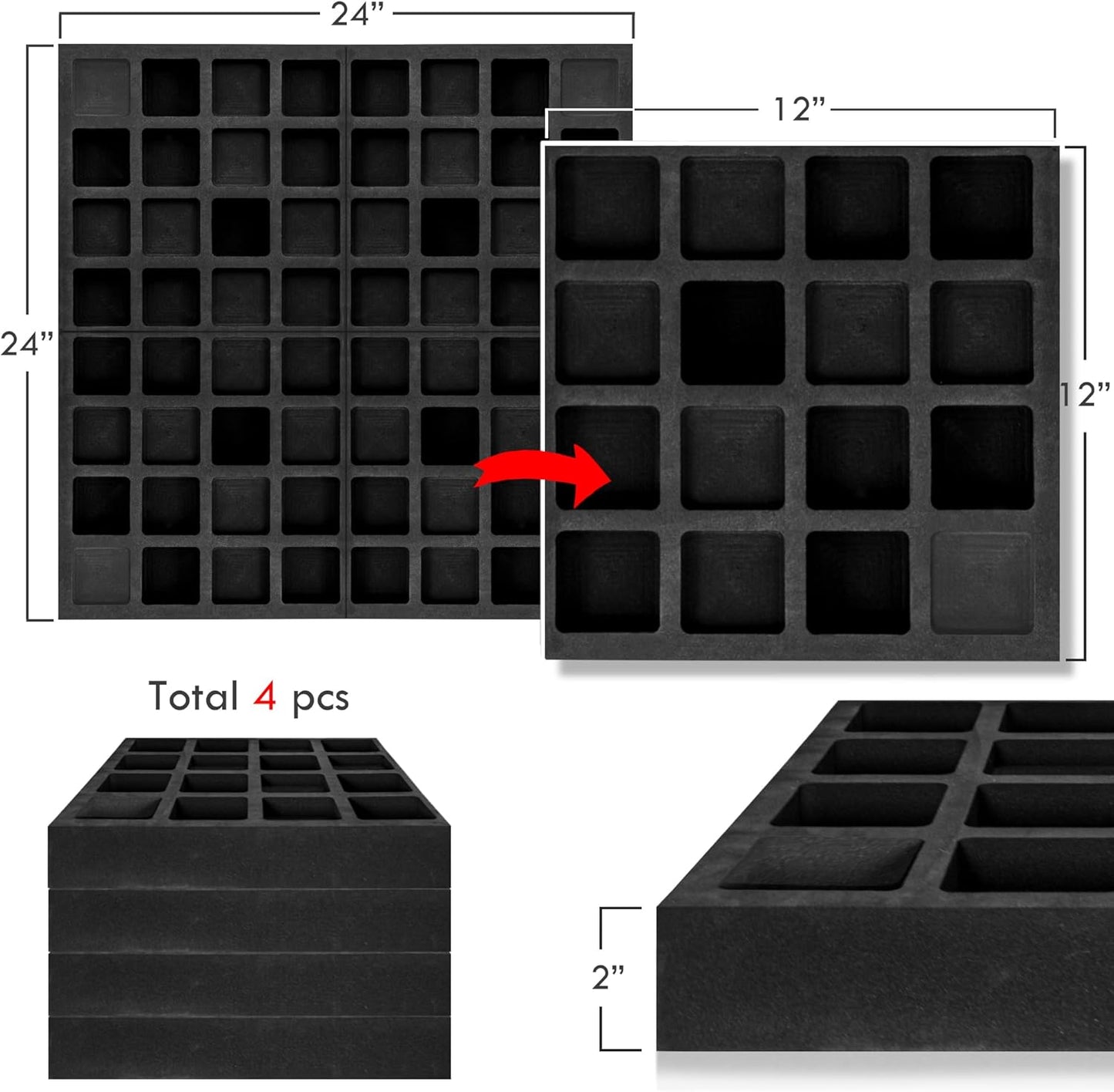 4pcs EVA Acoustic Diffusers 12"x12"x2" (Total 24"x24"x2"), Waffle Style Sound Diffuser Panels for Home Studio and Wall Art, QRD Room Acoustic Treatment (Black)