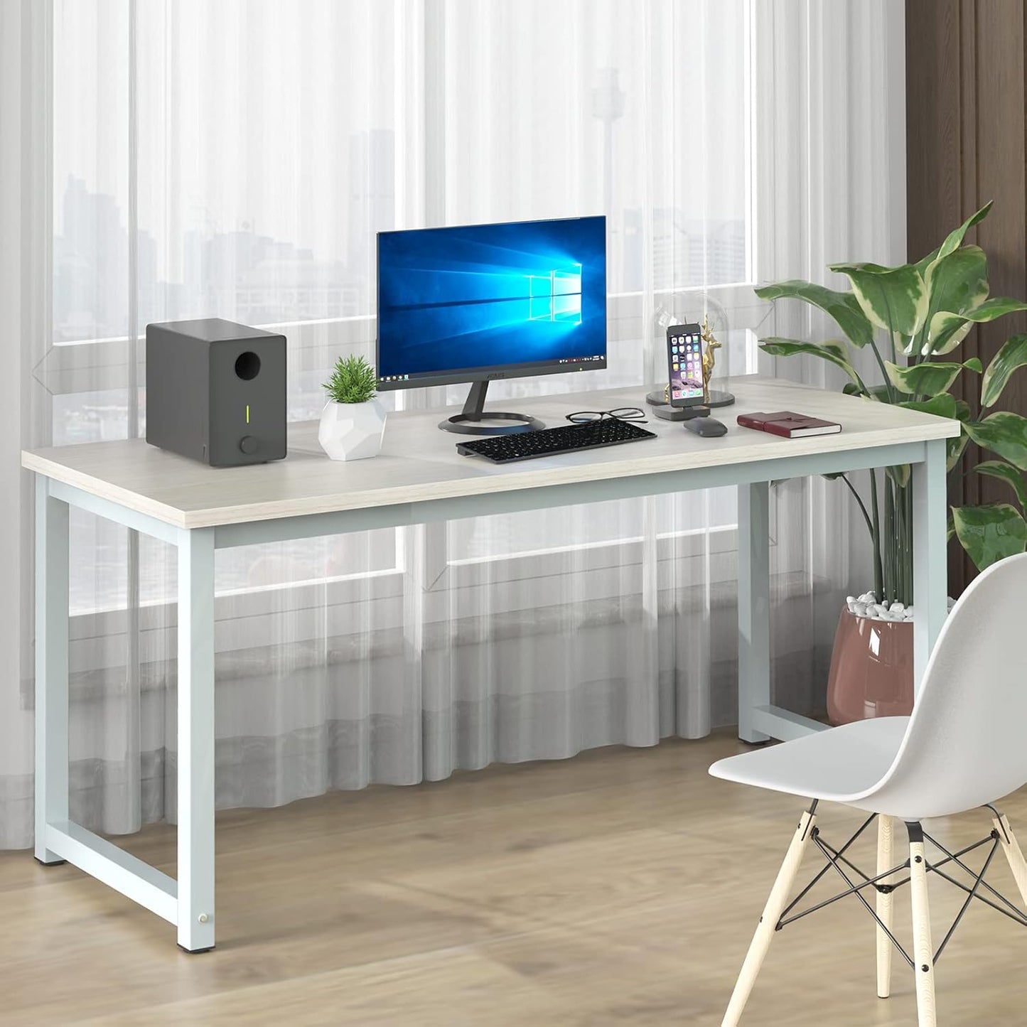 NSdirect Large Office Desk for Home Office, Large 63" Computer Desk Table, Wide Writing Study Desk for 2 Person, Metal Sturdy Frame Thicker Steel Legs, (White Oak, 63"L x 23.6"W x 29.5"H)