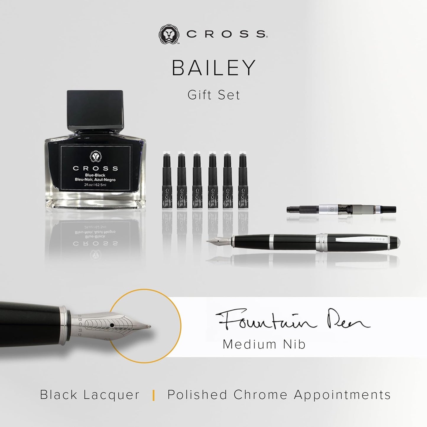Cross Bailey Refillable Fountain Presented in a Premium Gift Box - Medium Point, Black Ink, Black