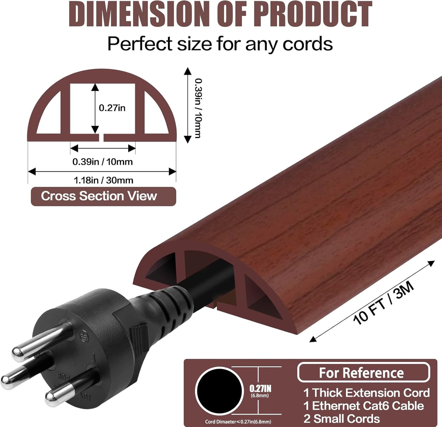 Floor Cord Cover Self Adhesive Cord Hider,10FT Cable Management, Extension Strip Protector for Wires, Prevent Cable Trips for Offices, Gyms, Exhibitions Cavity:0.39"(W) x 0.27"(H) Wood Red Teak
