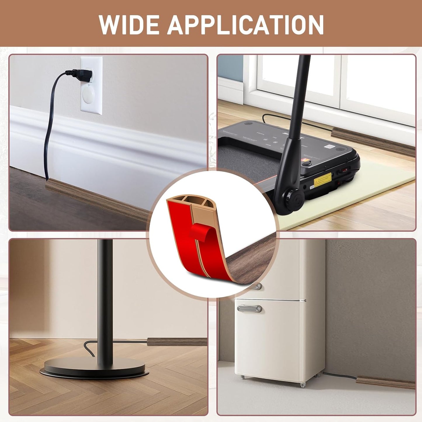 Floor Cord Cover Self Adhesive Cord Hider Floor Extension Cord Covers for Floor Power Cord Protector Cable Management Prevent Cable Trips Cable Cavity 0.47" W x 0.27" H (Smoked Brown Wood, 10Ft)