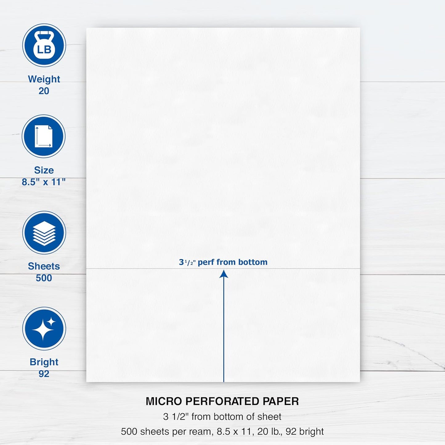 PrintWorks Professional 3 1/2" Horizontal Perforated Paper 8.5” x 11” - Perfect for W-2, 1099, & Statement Use - Made in The USA - 500 Sheets - 20 lb - Printer Compatible - White (04128)