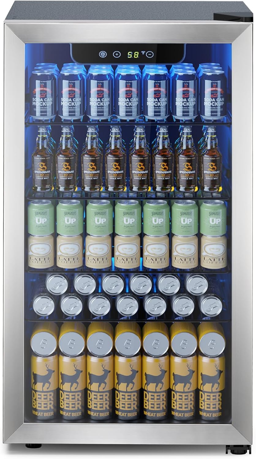 Mini Fridge 130 Can Beverage Refrigerator Cooler, 3.2 Cu.Ft Drink Fridge forSoda Wine Beer, Digital Temperature Control Cooler for Home, Dorm, Bar