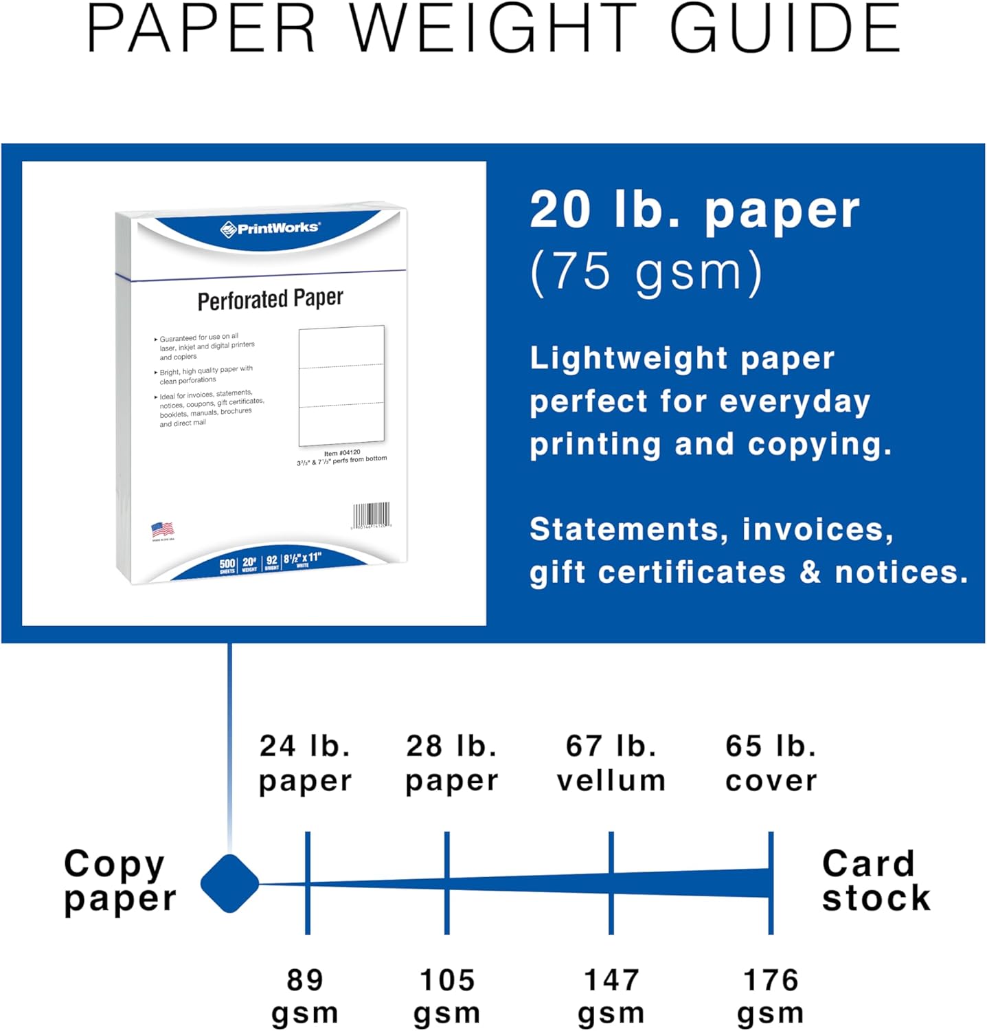 PrintWorks Professional 3 Part Perforated Paper 8.5” x 11” - Perfect for W-2, 1099, & Statement Use - Made in The USA - 500 Sheets - 20 lb - Printer Compatible - White (04120)