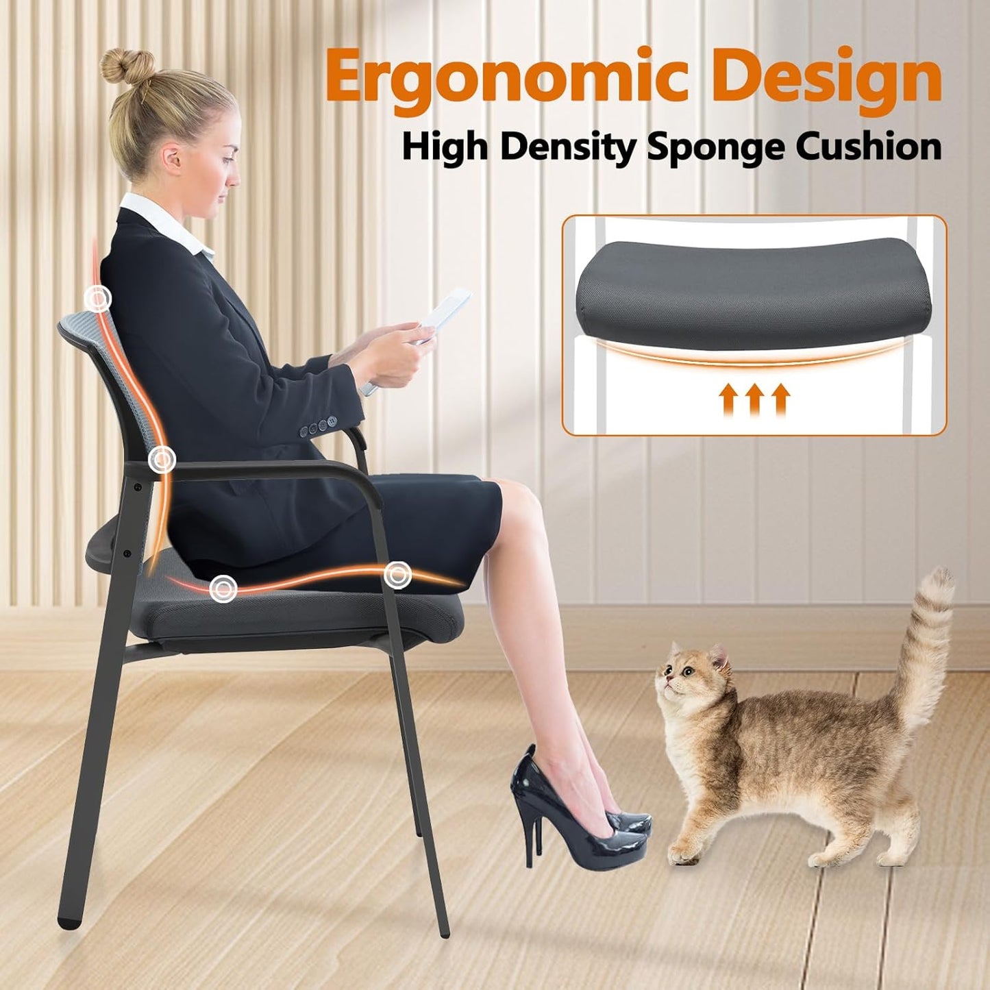 CLATINA Mesh Back Stacking Arm Chairs with Upholstered Fabric Seat and Ergonomic Lumbar Support for Office School Church Guest Reception Grey 2 Pack Set