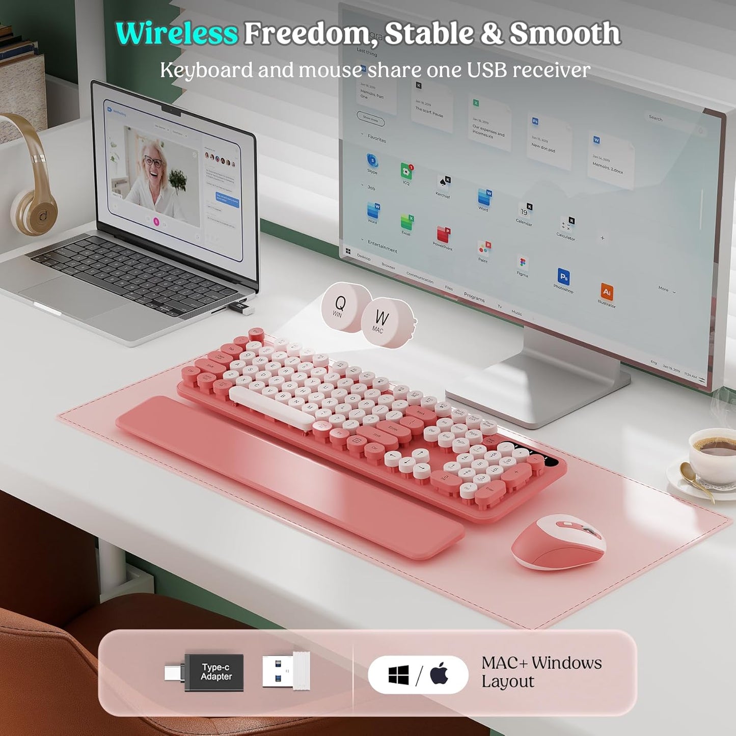 Wireless Keyboard and Mouse - Cute Round Keycaps, Detachable Wrist Rest, Full-Size Retro Typewriter Keyboard with Tilt Legs, 2.4G Wireless Combo for Women, PC, Laptop, Windows - Trueque (Blush Pink)