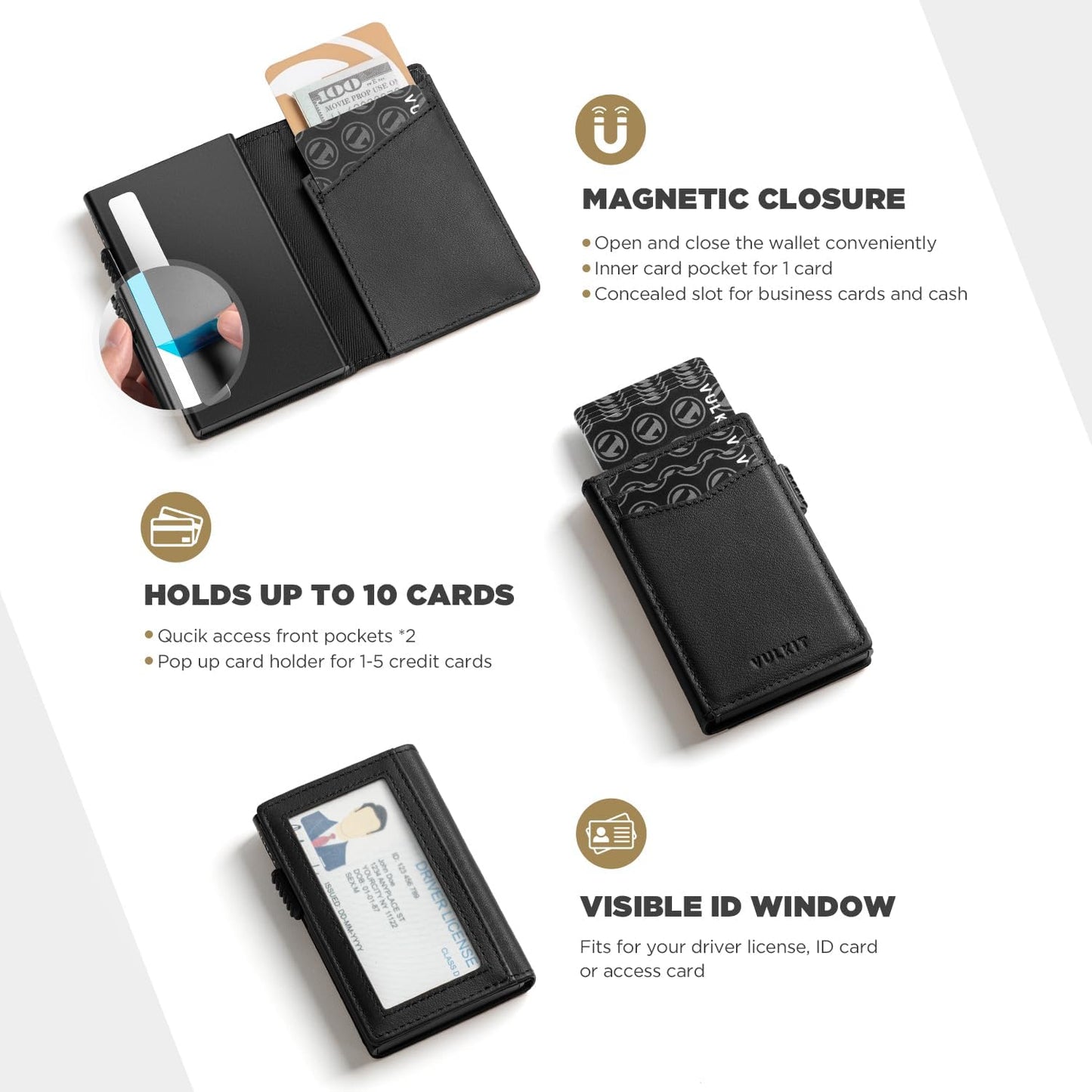 VULKIT Men's Wallet with ID Window Top Grain Leather RFID Blocking Minimalist Wallet Pop Up Card Holder Magnetic Closure