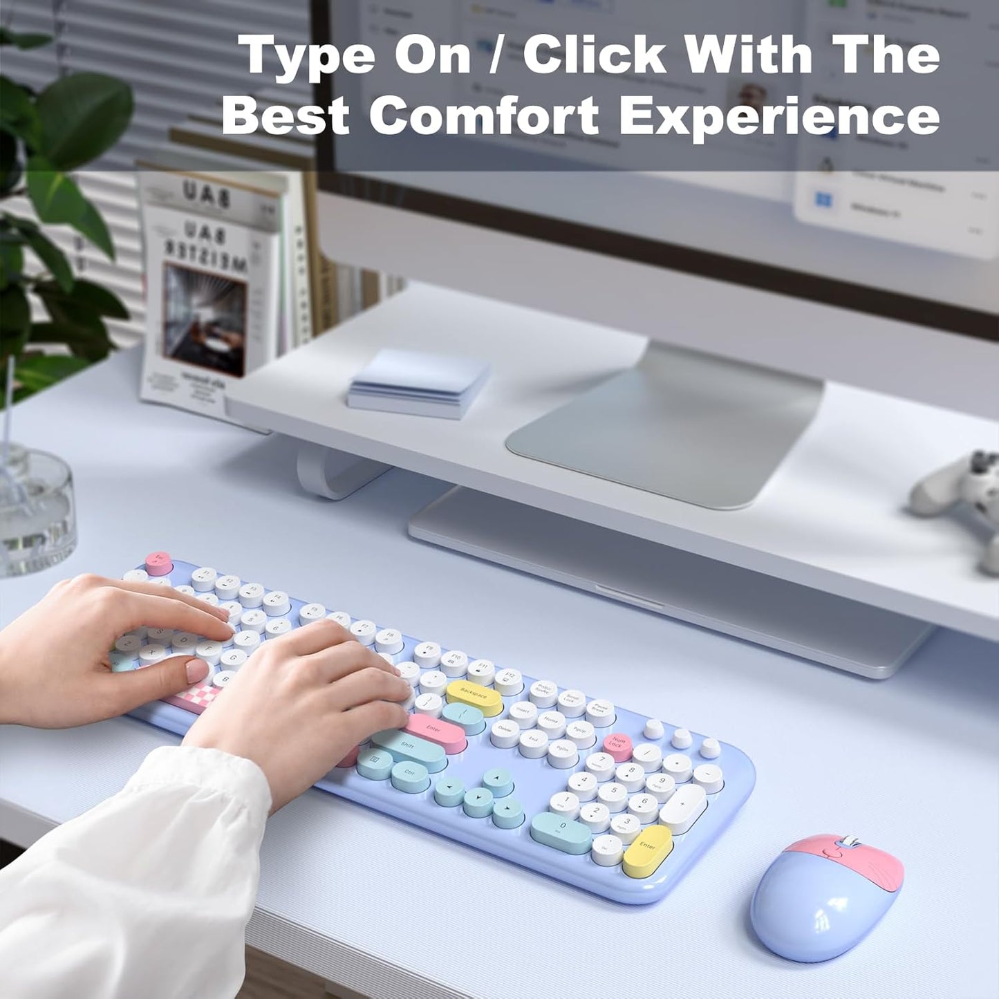 MOFII Wireless Keyboard and Mouse Combo - 2.4GHz Full-Size Retro Typewriter Keyboard with Round Keys, 3 Level Adjustable Optical Mouse, Plug & Play - Compatible with PC/Laptop/Desktop - Light Blue Mix