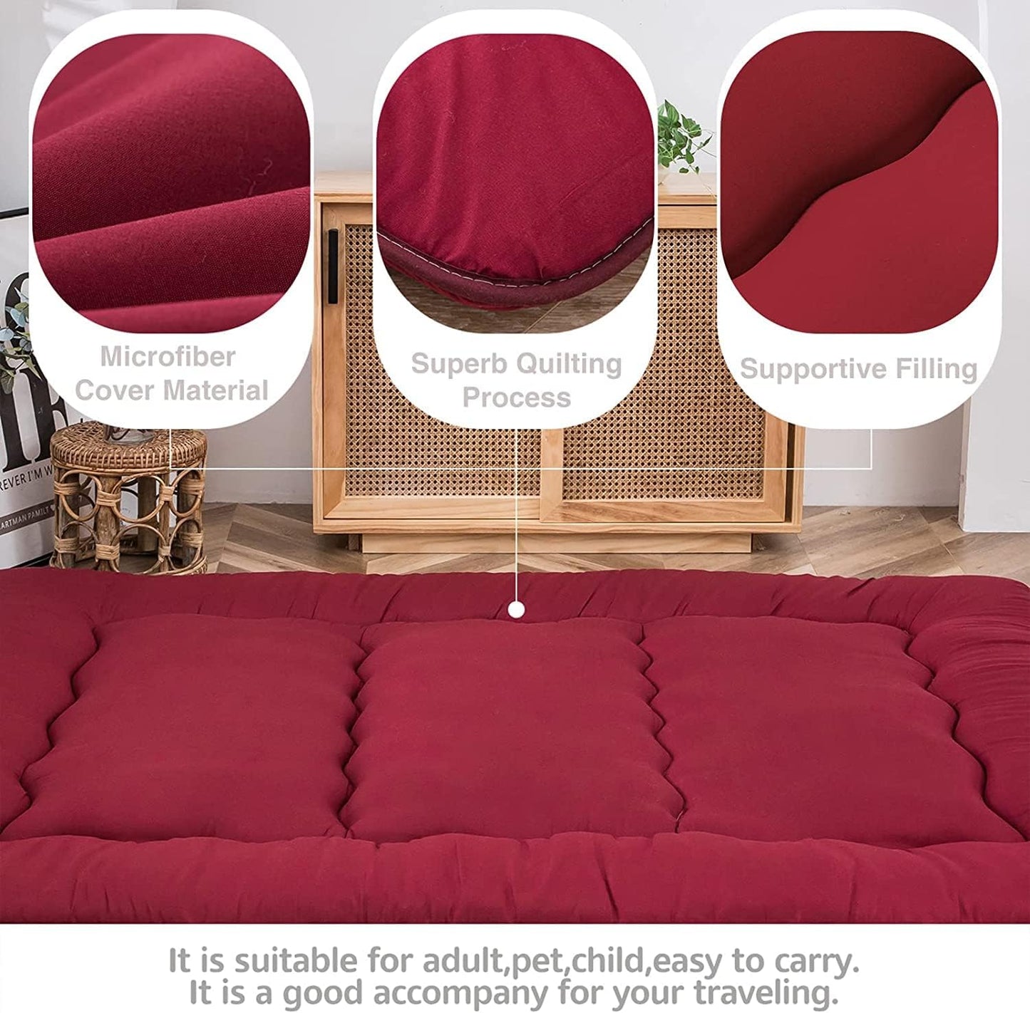 MAXYOYO Japanese Floor Mattress Futon Mattress, Thicken Sleeping Pad Foldable Roll Up Floor Futon for Adults Tatami Mat Dormitory Bed Lounger, Burgundy, Full Size